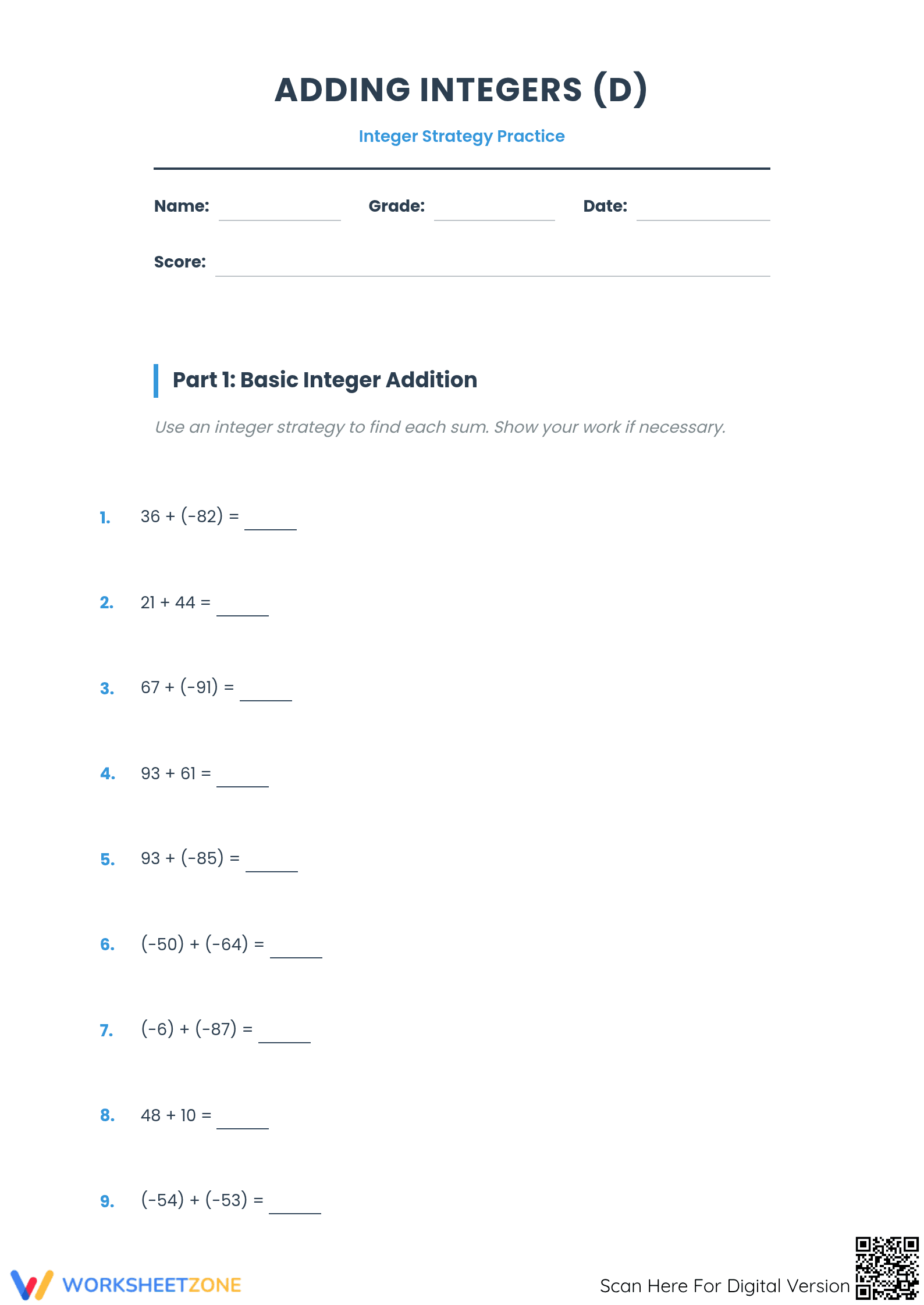 Printable Adding Integers Practice Worksheet | Grade 7 Math - Page 1