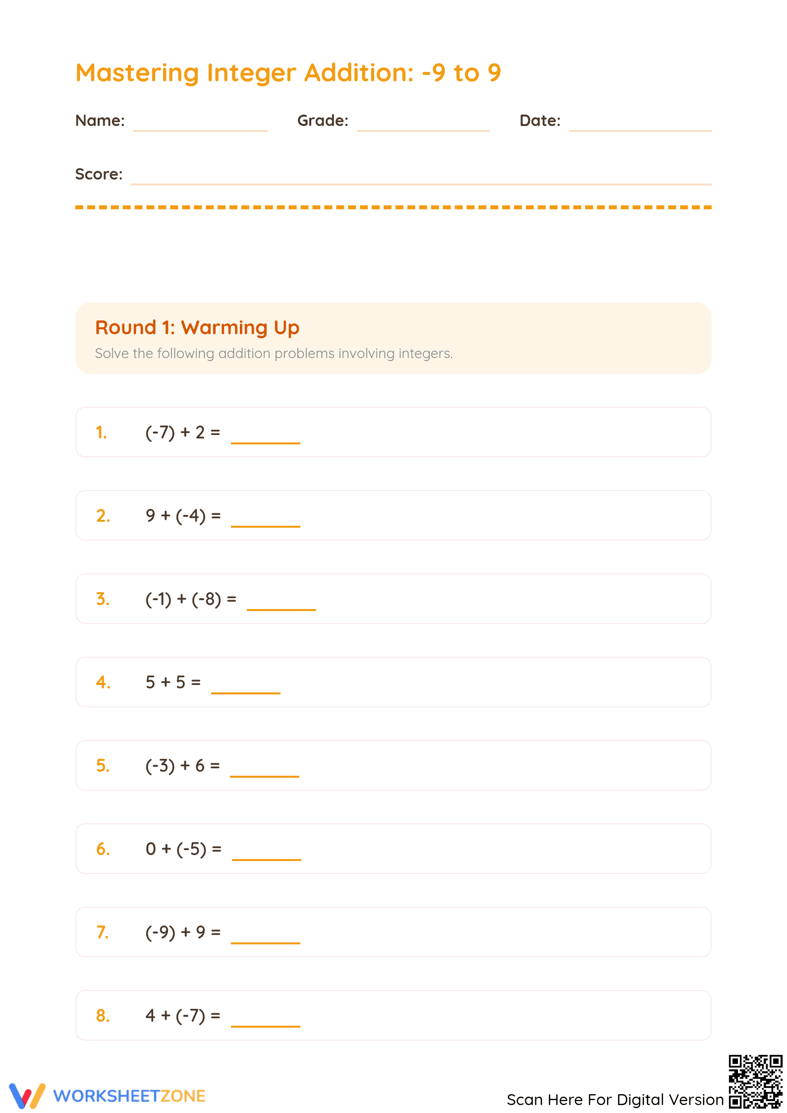 Essential Integer Addition Worksheet | Grade 5 Math - Page 1
