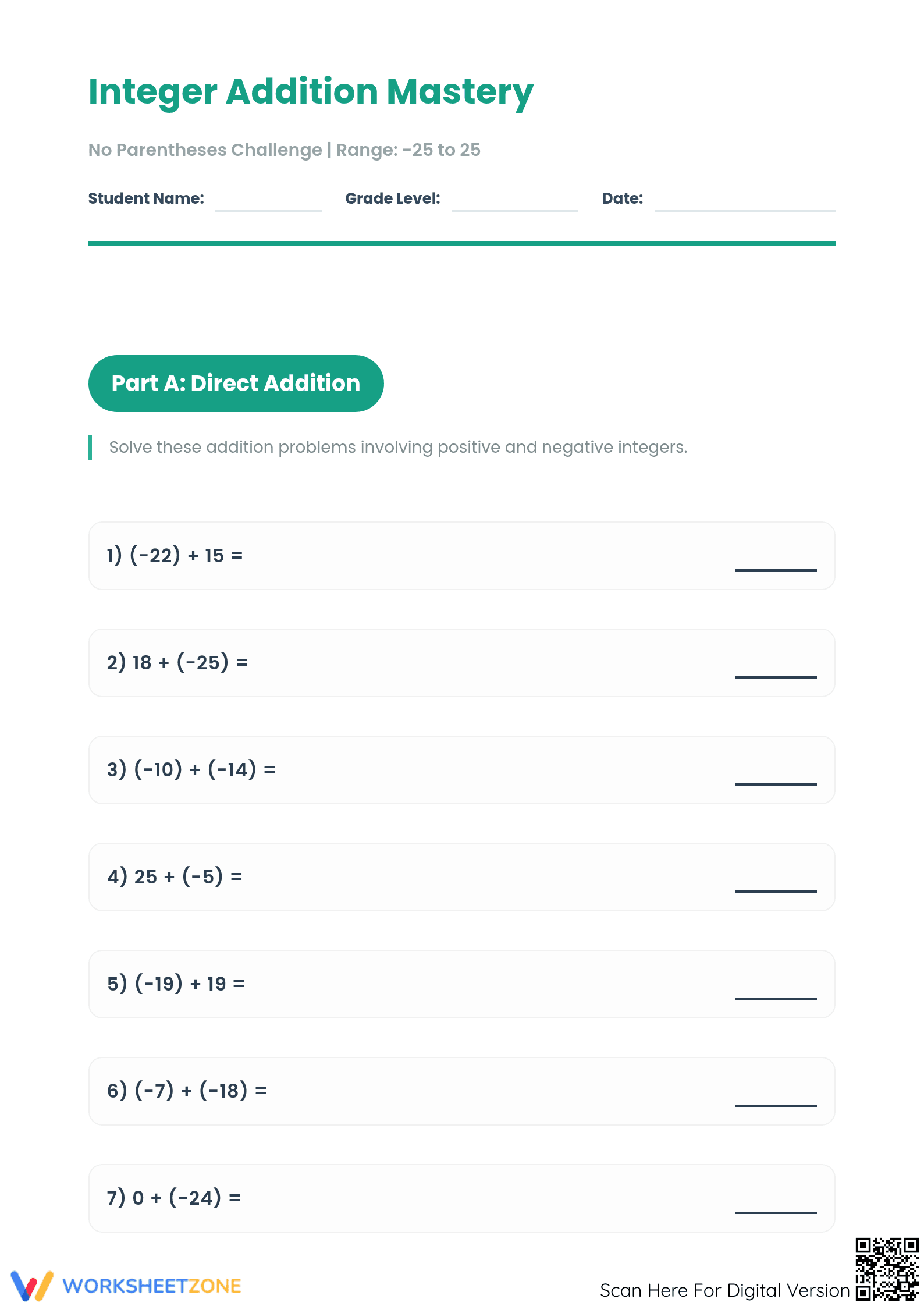 Essential Integer Addition Practice | Grade 5 Math - Page 1