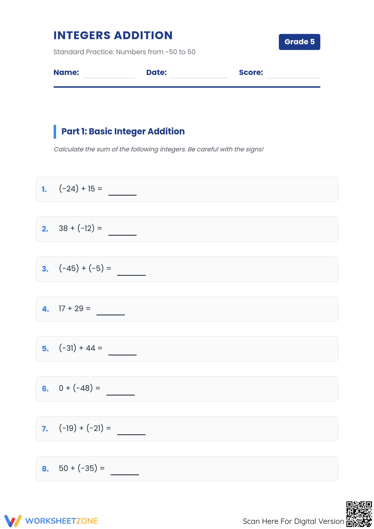Essential Integers Addition Practice | Grade 5 Math - Page 1
