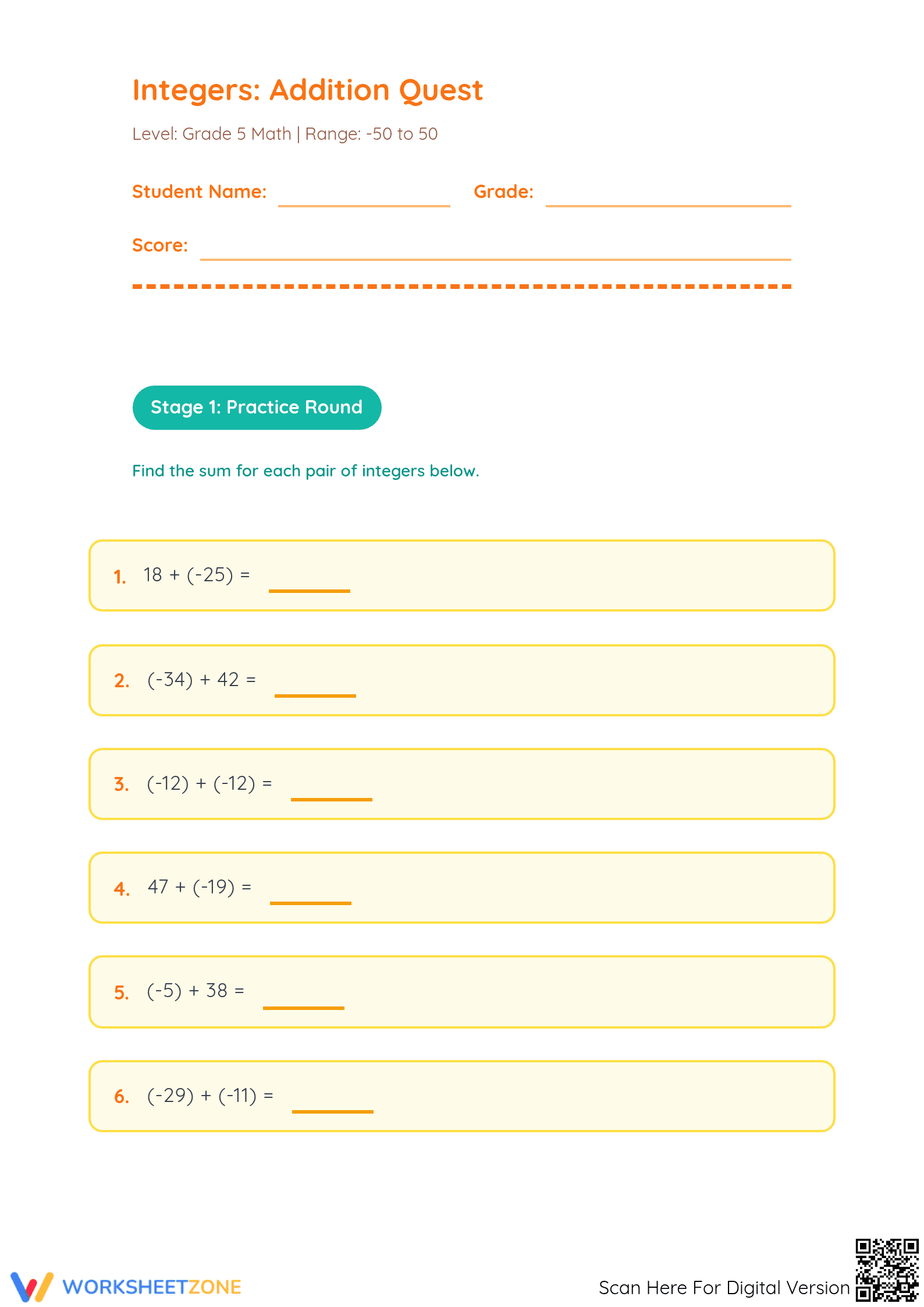 Printable Grade 5 Integer Addition Worksheet | -50 to 50 - Page 1