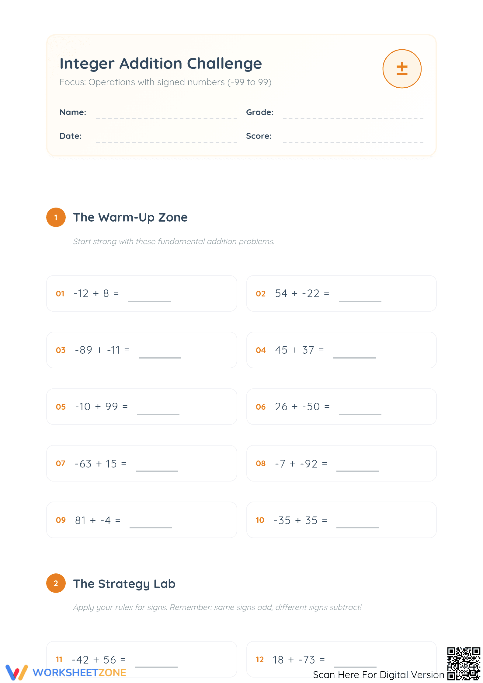 Essential Integer Addition Worksheet | Grade 5 Math - Page 1
