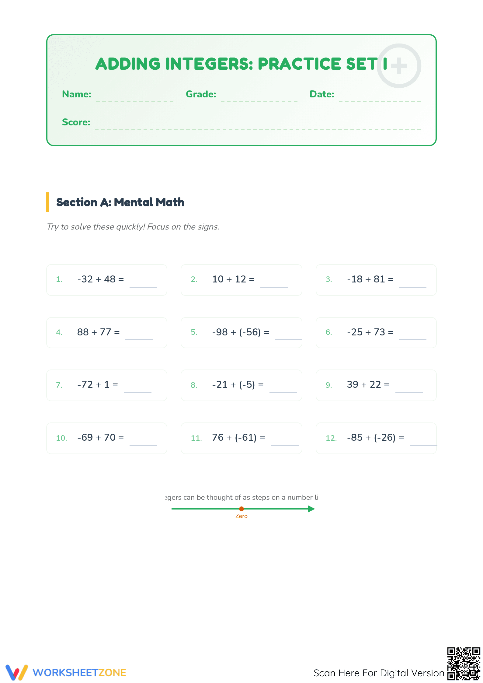 Printable Adding Integers Worksheet | Grade 5 Math - Page 1