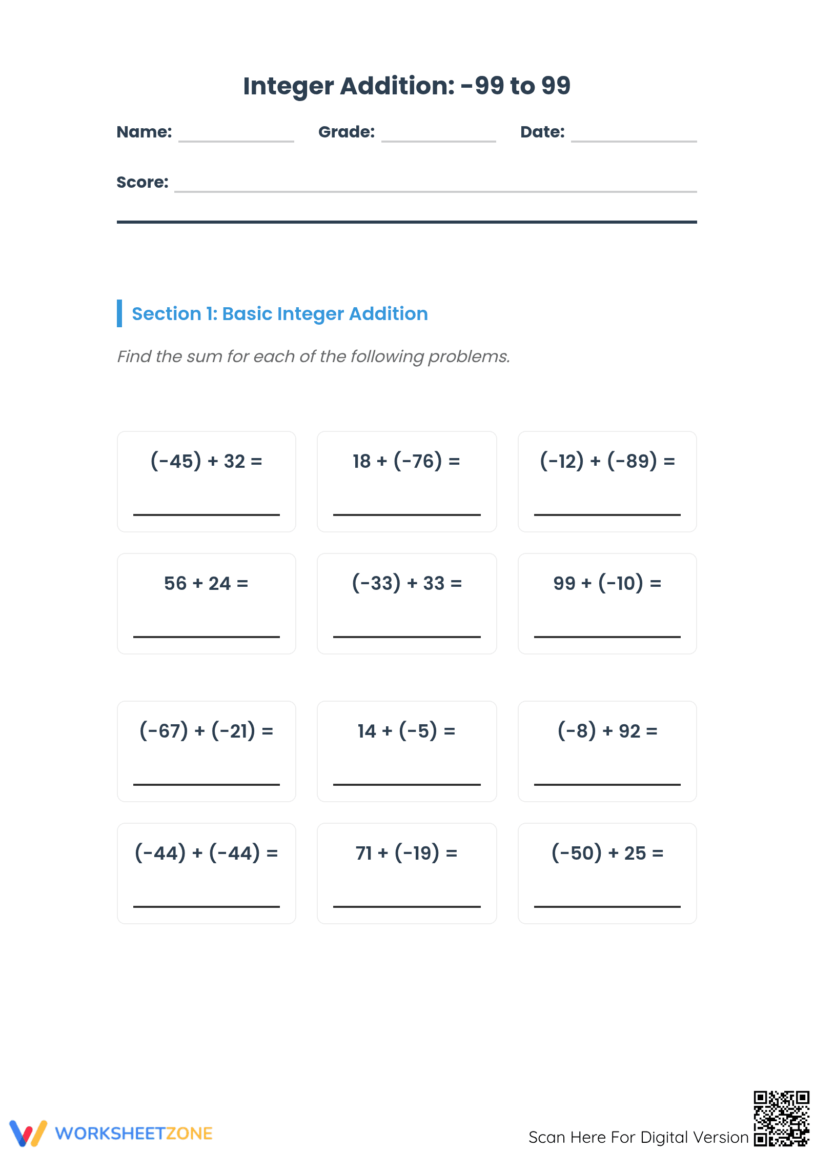 Printable Integer Addition Worksheet | Grade 5 Math - Page 1