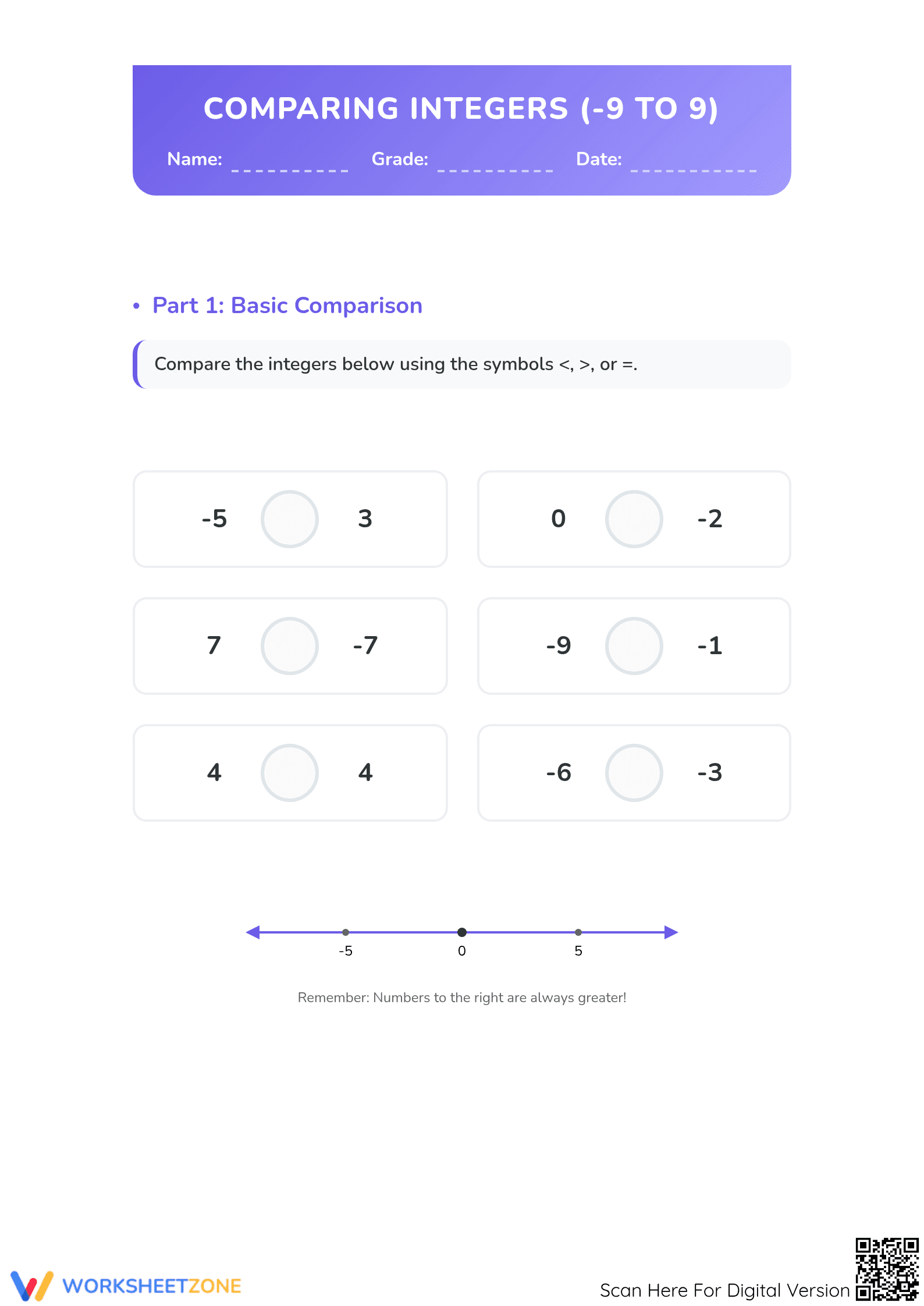 Essential Comparing Integers Worksheet | Grade 5 Math - Page 1
