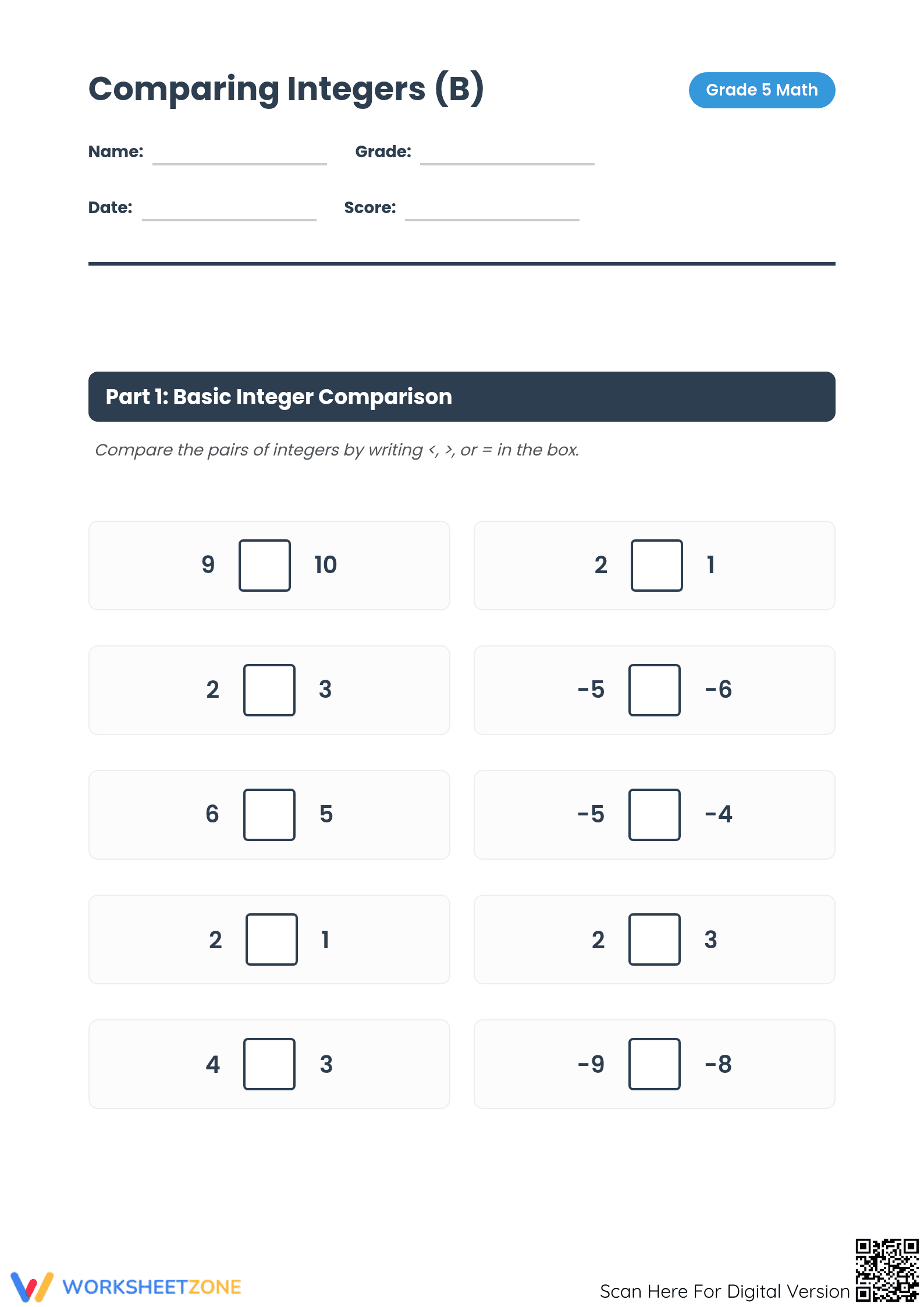 Printable Grade 5 Math Comparing Integers Worksheet (B) - Page 1