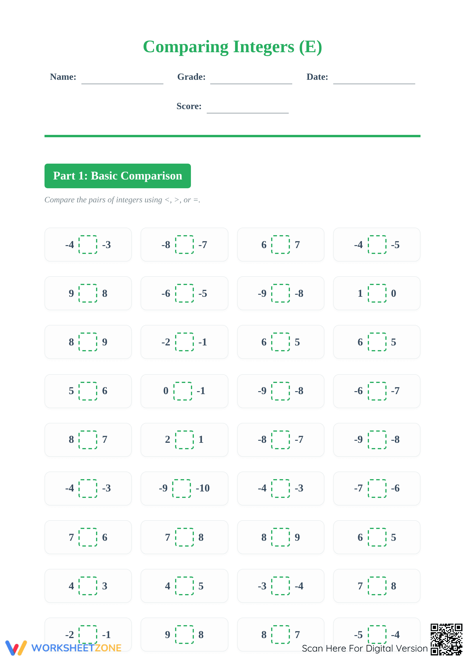 Essential Grade 5 Comparing Integers Practice Worksheet - Page 1