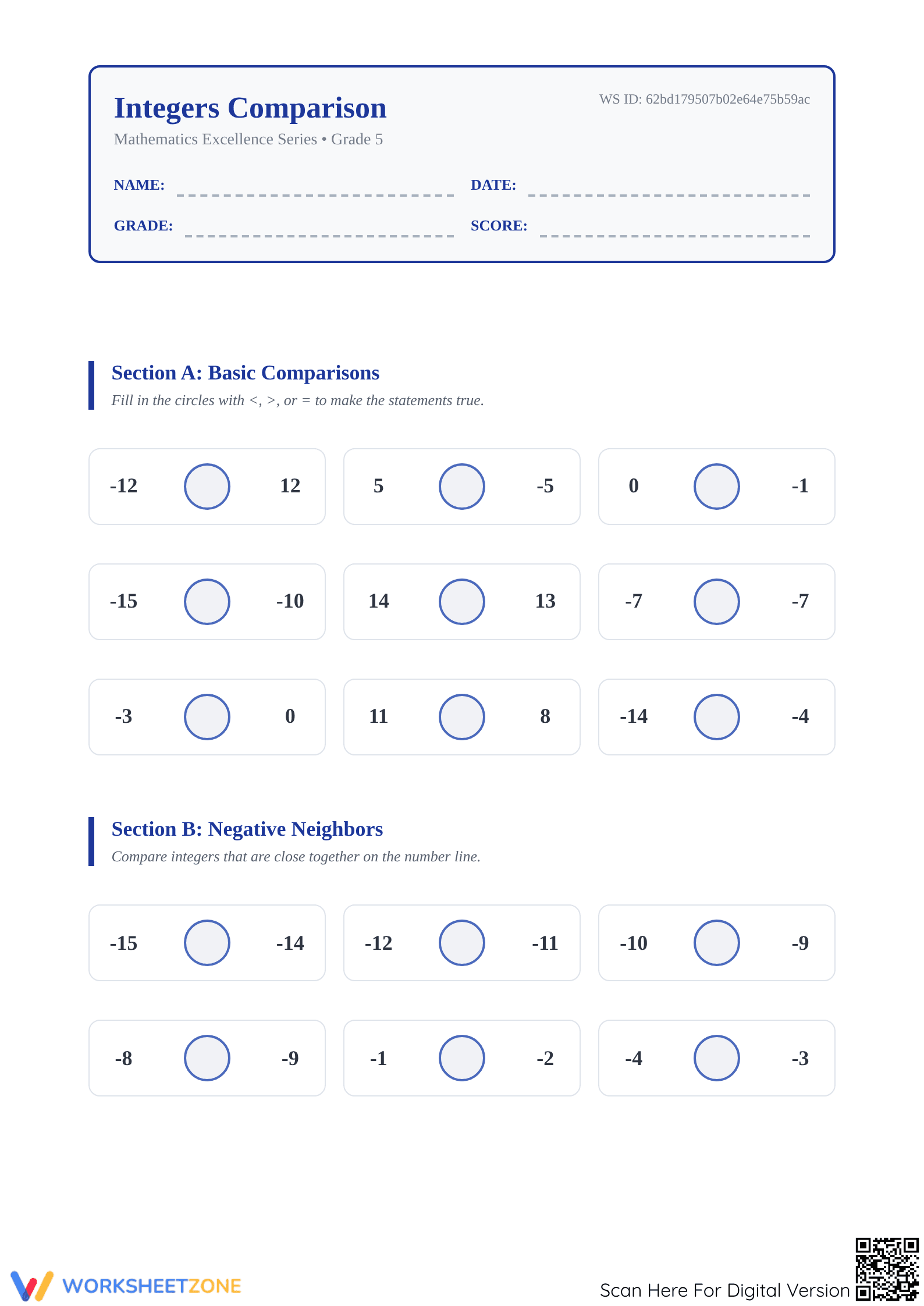Comparing Integers Worksheet | Essential Grade 5 Math - Page 1