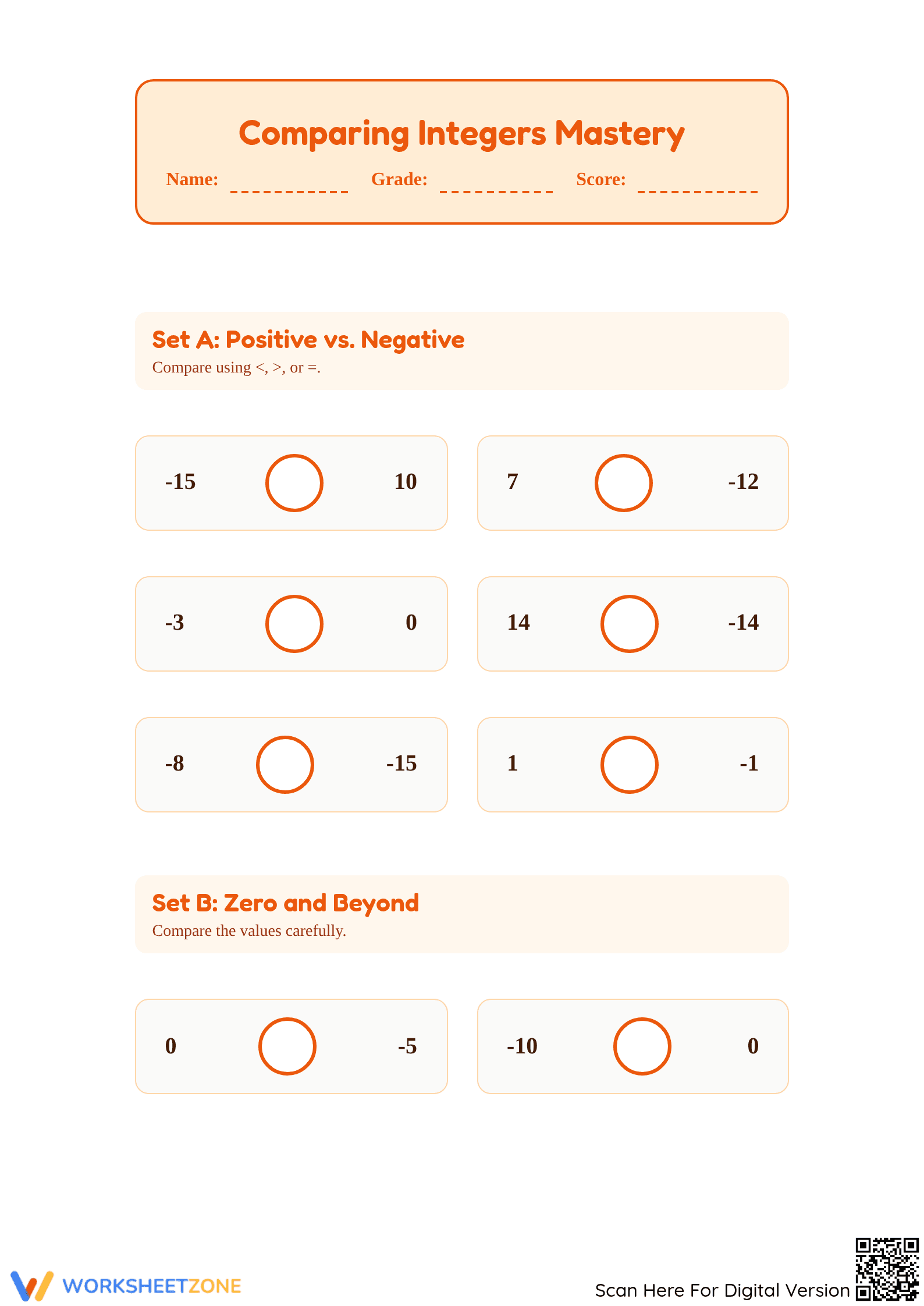 Essential Comparing Integers Worksheet | Grade 5 Math Ready - Page 1