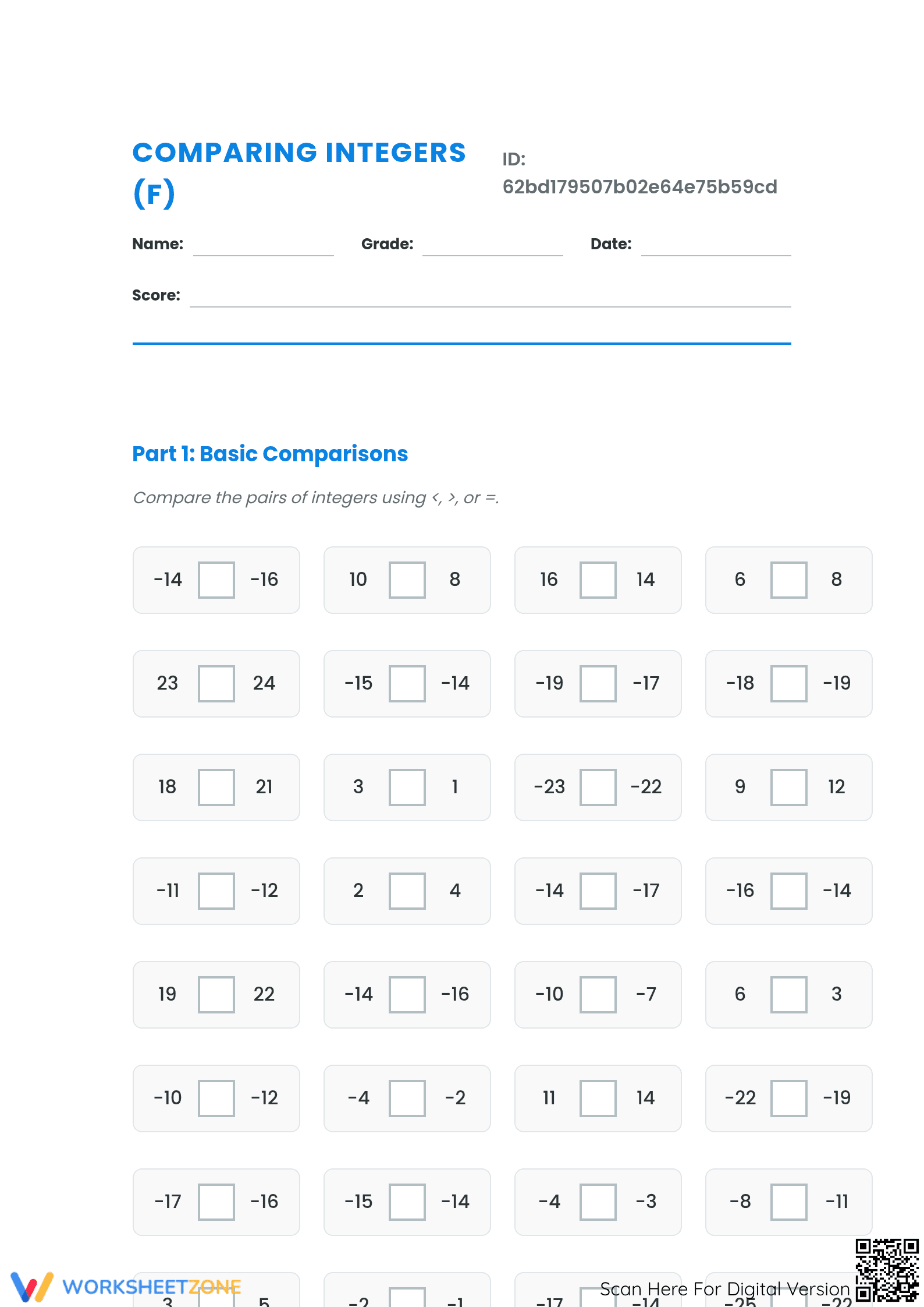 Comparing Integers Worksheet | Grade 5 Essential Math - Page 1