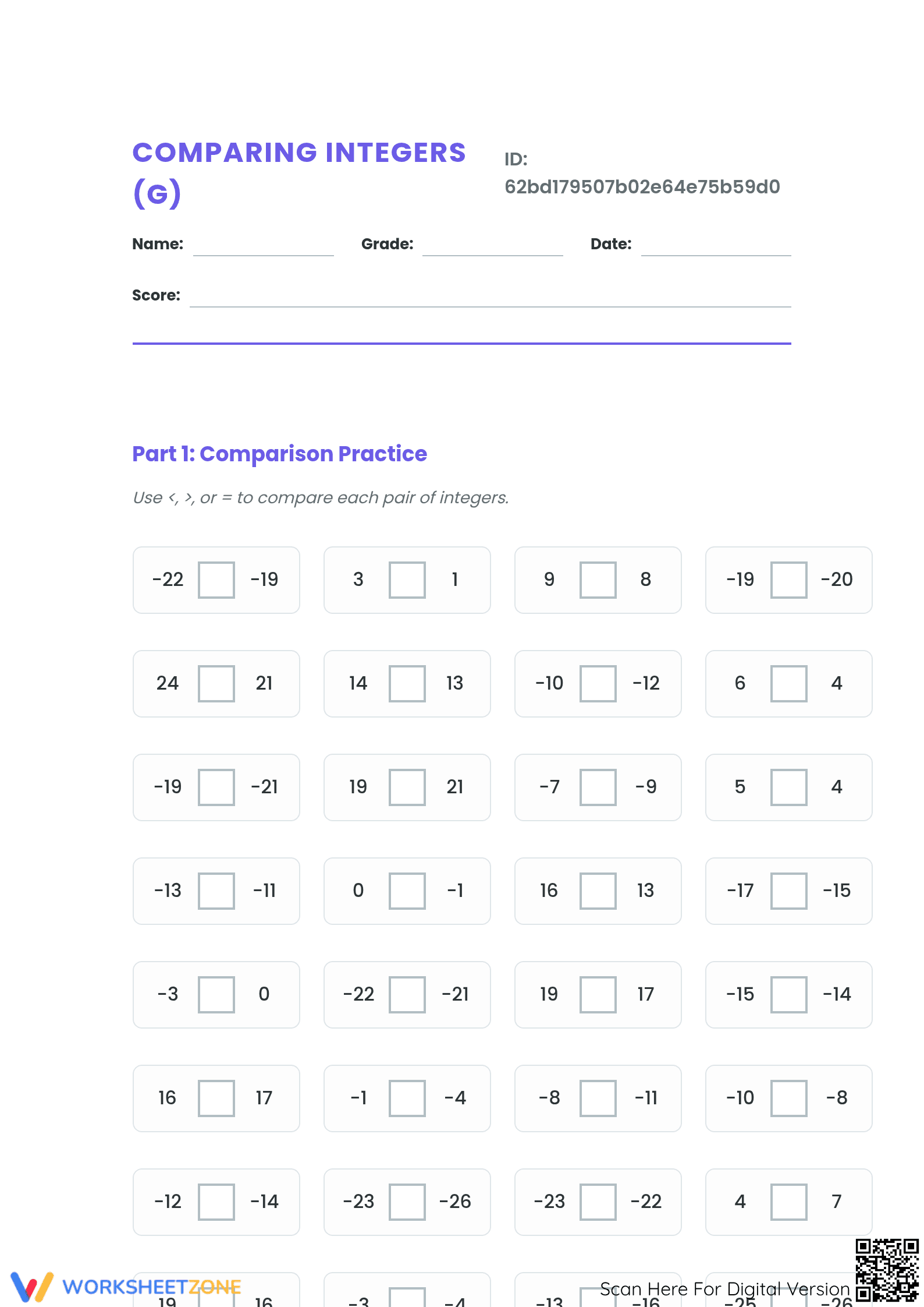 Comparing Integers Worksheet | Essential Grade 5 Math - Page 1