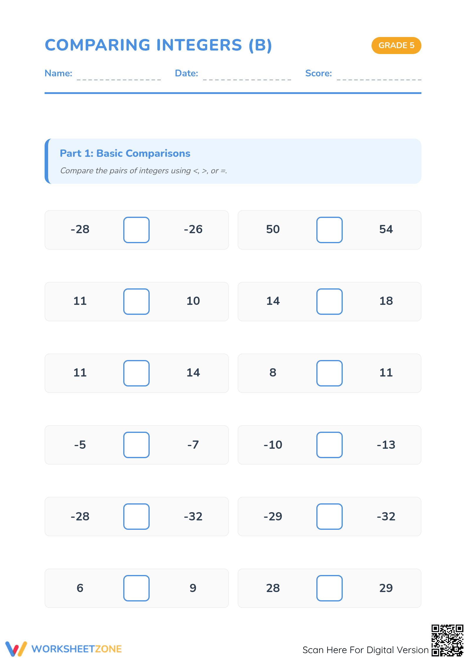 Essential Comparing Integers Worksheet | Grade 5 Math - Page 1