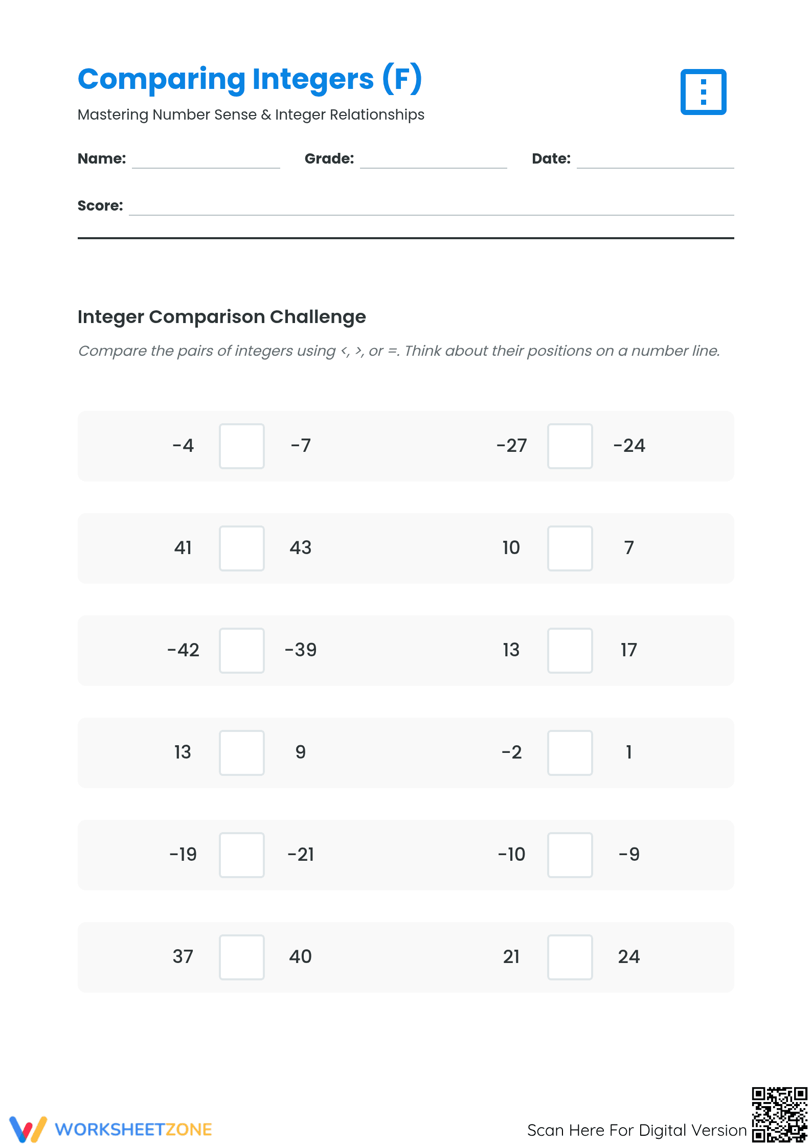 Printable Comparing Integers Worksheet | Grade 5 Math - Page 1