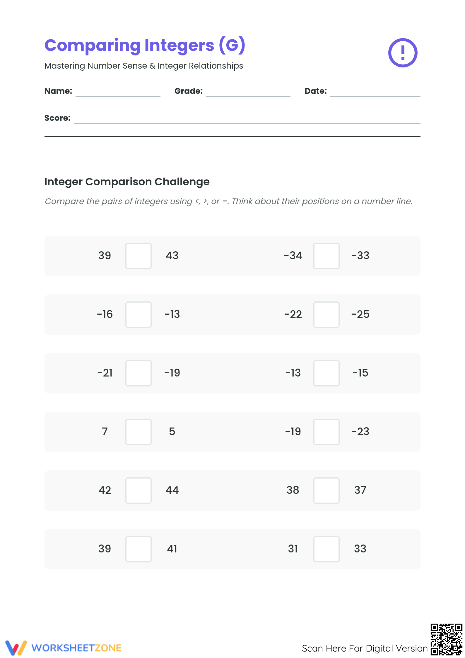 Printable Comparing Integers Worksheet | Grade 5 Math - Page 1