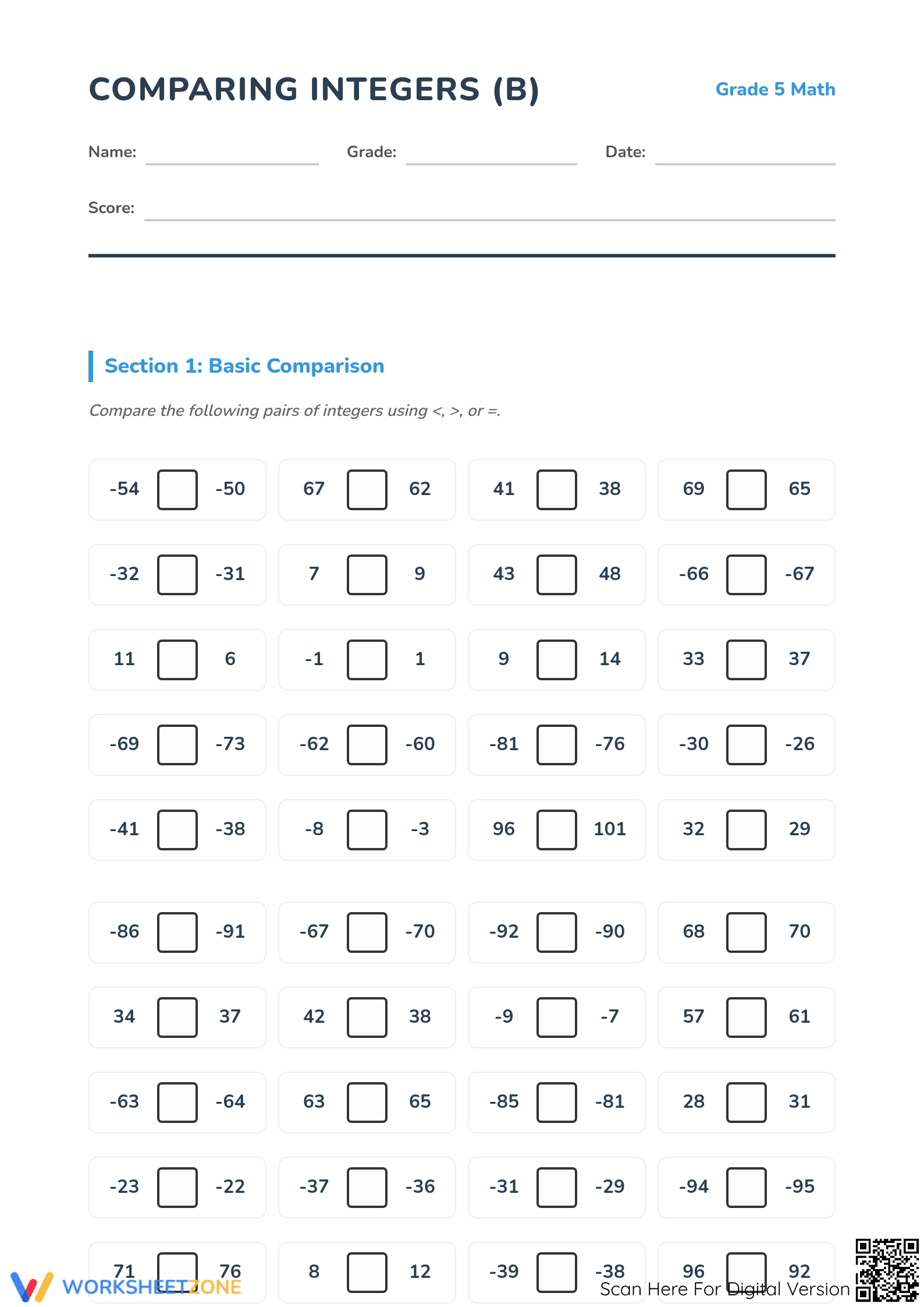Essential Comparing Integers Worksheet | Grade 5 Math - Page 1