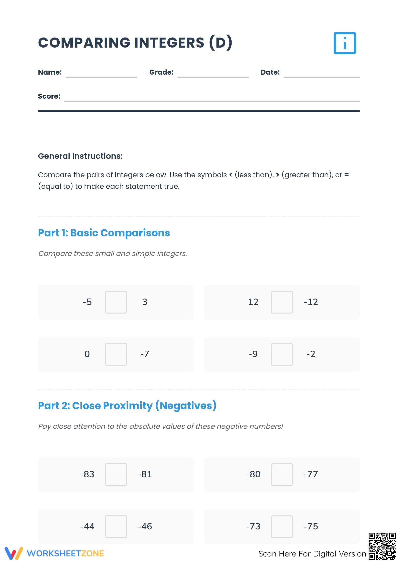Printable Comparing Integers Worksheet | Grade 5 Math - Page 1