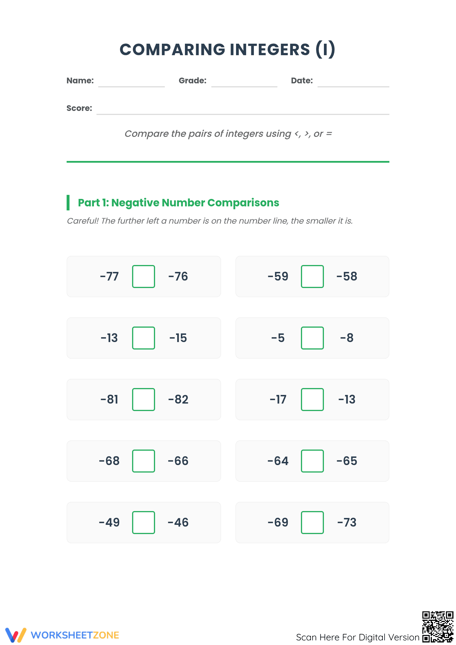 Essential Integers Comparison Worksheet | Grade 5 Math - Page 1