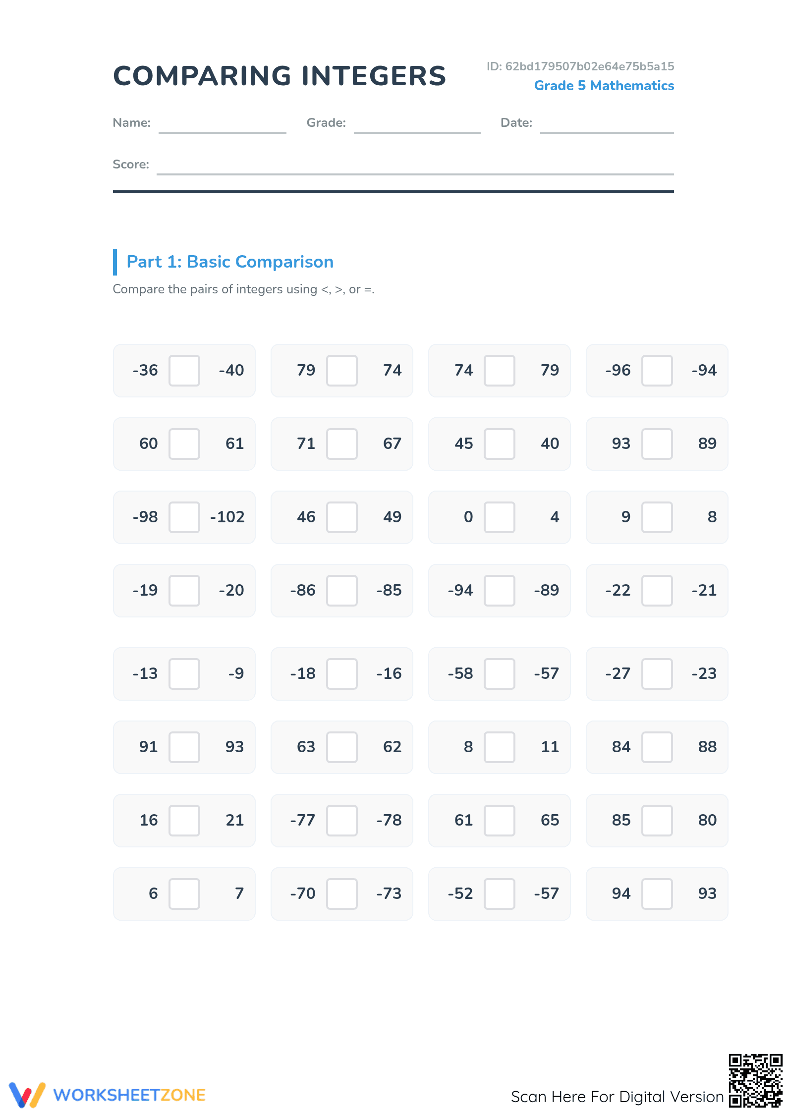 Essential Comparing Integers Worksheet | Grade 5 Math - Page 1