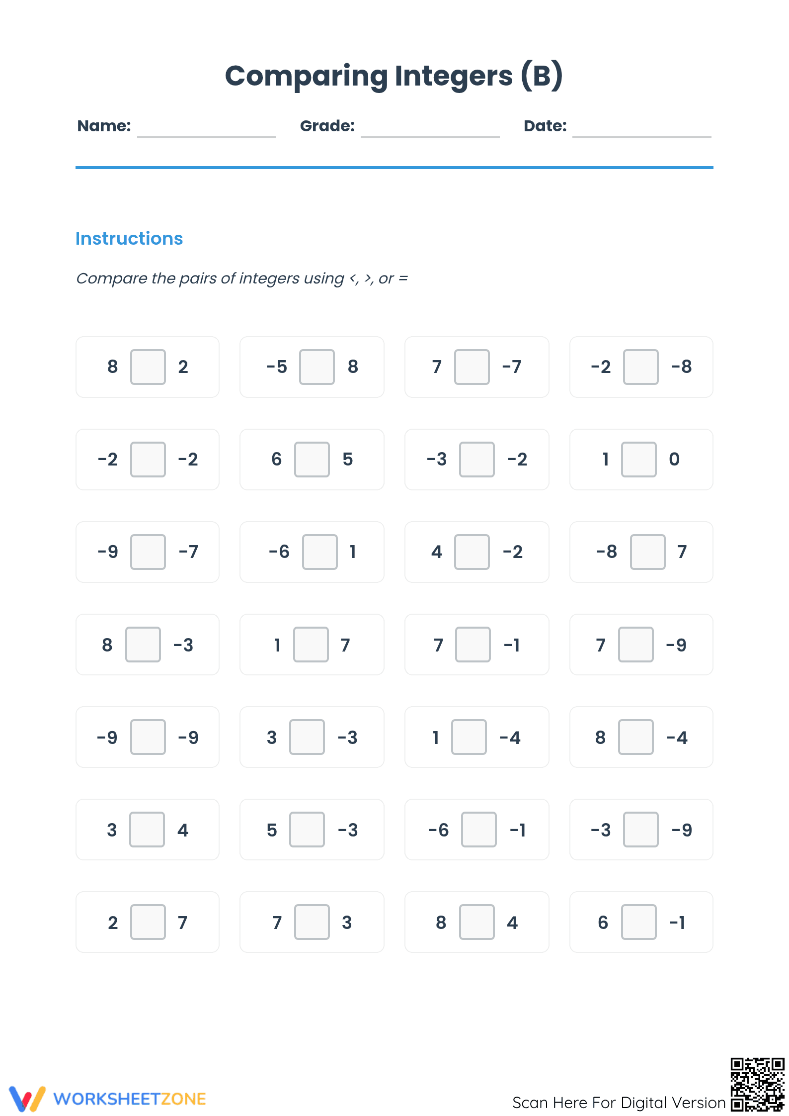 Printable Comparing Integers Worksheet | Grade 5 Math - Page 1