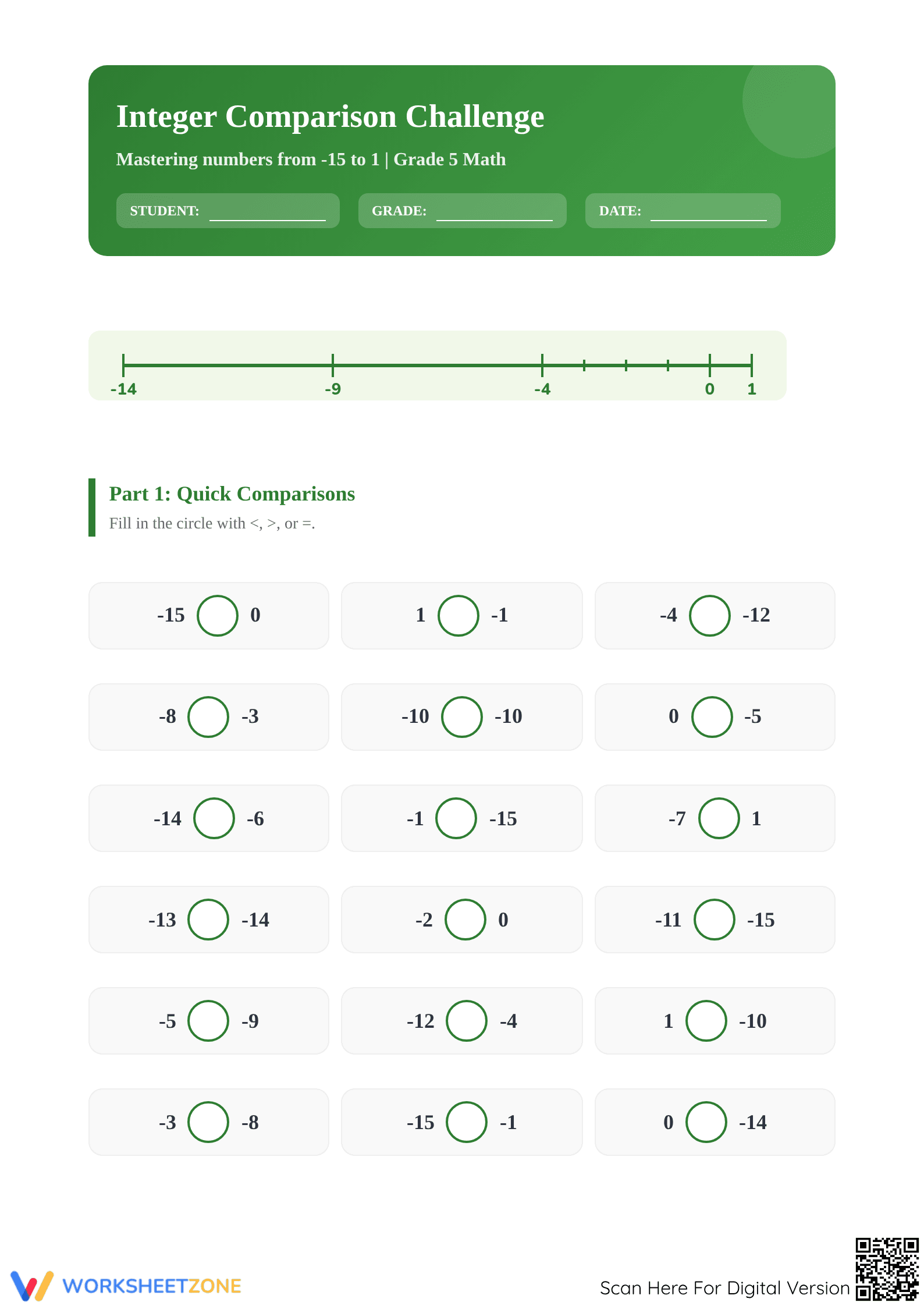 Printable Integer Comparison Worksheet | Grade 5 Math - Page 1