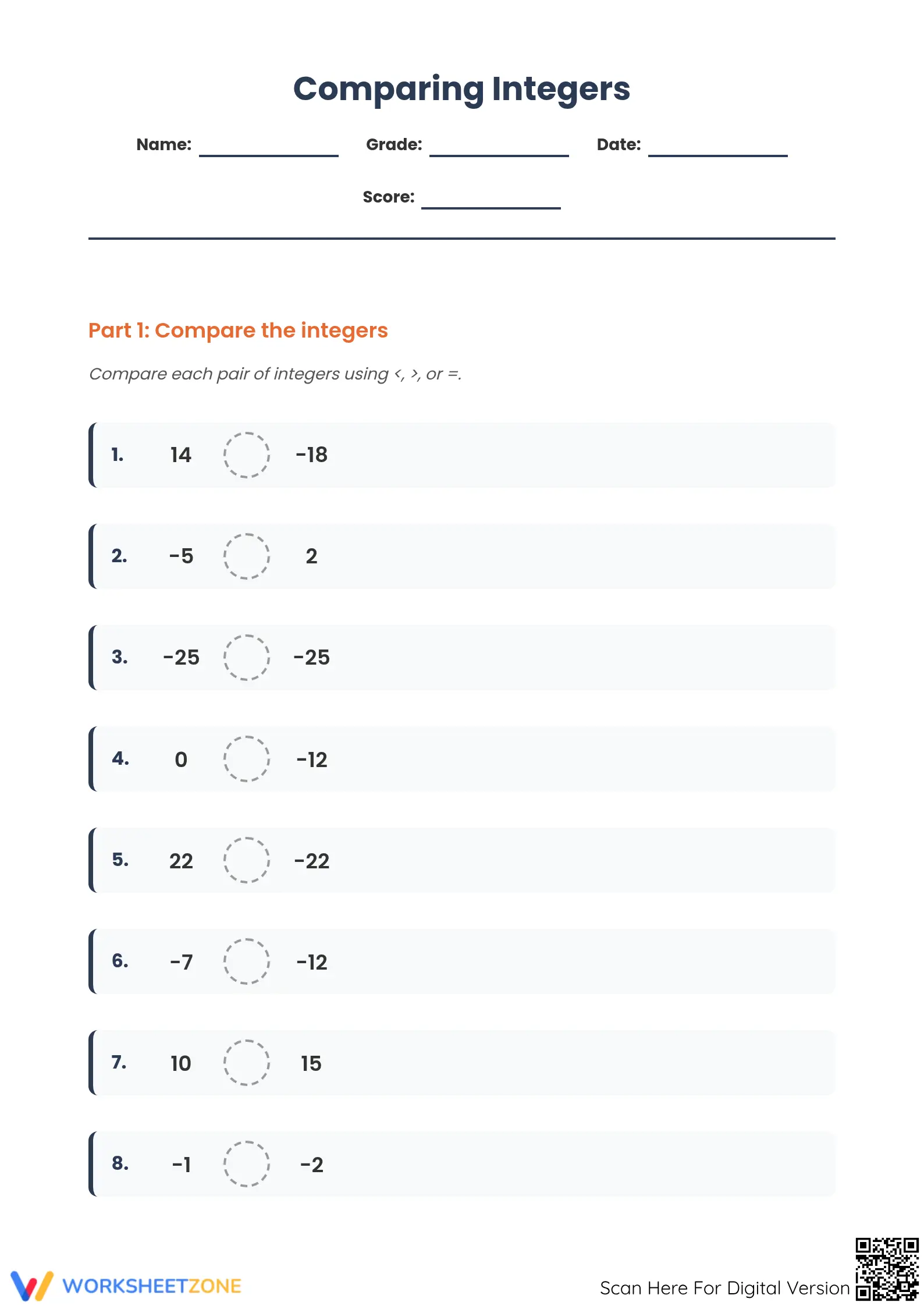 Ready-to-Use Integers Worksheet | Grade 5 Math - Page 1