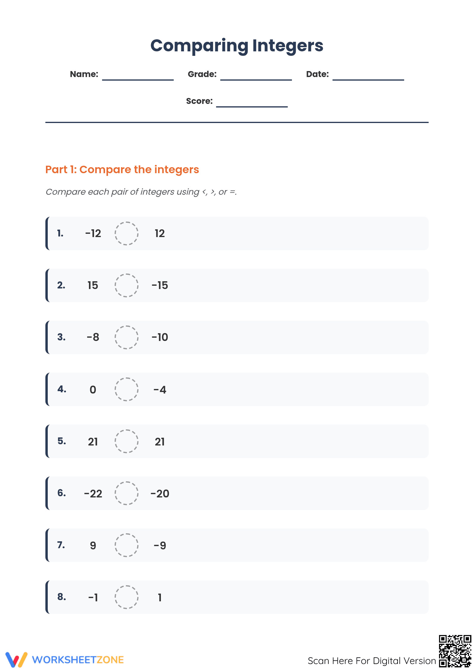 Grade 5 Comparing Integers — Printable No-Prep Worksheet - Page 1