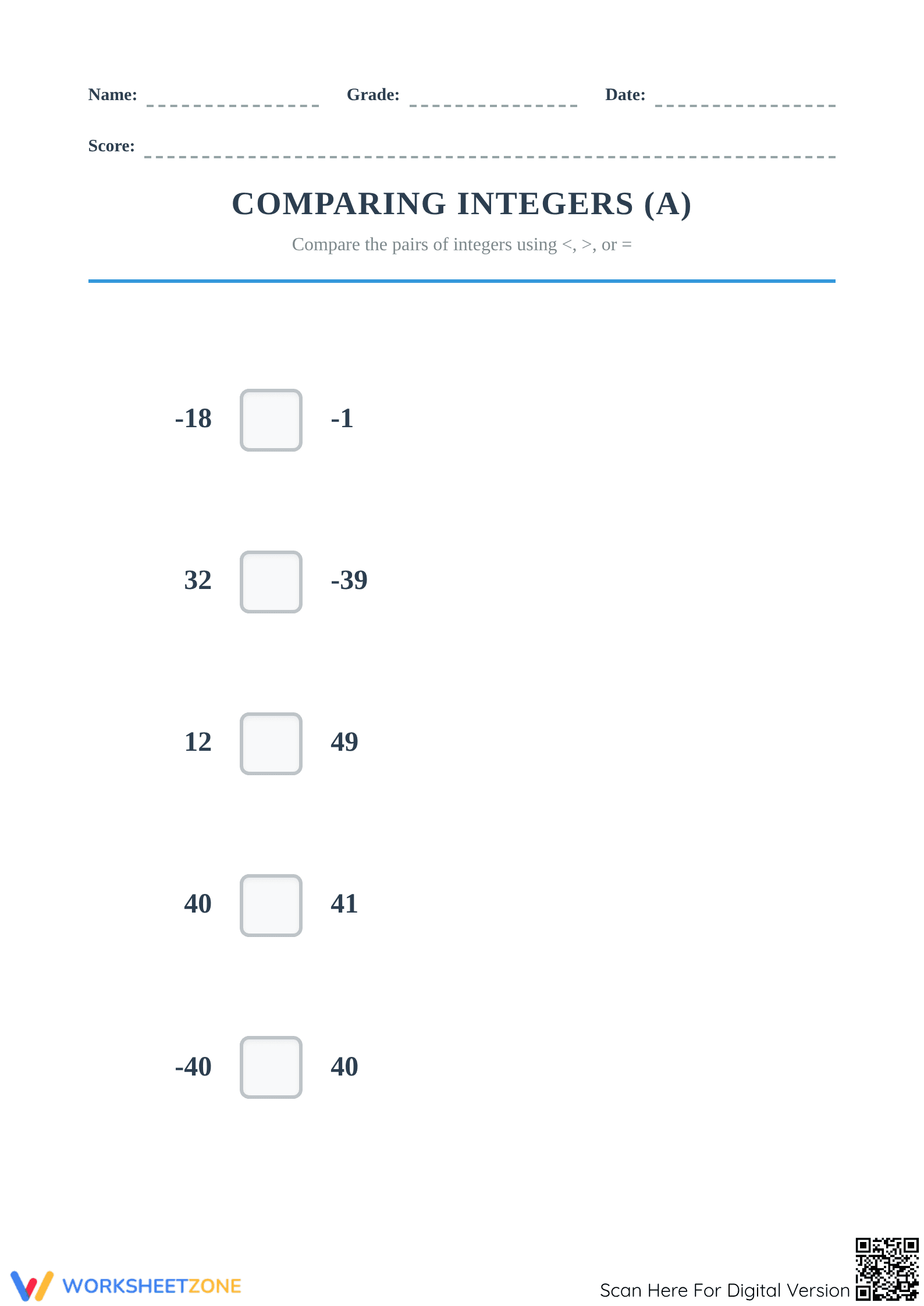 Printable Comparing Integers Worksheet | Grade 5 Math - Page 1