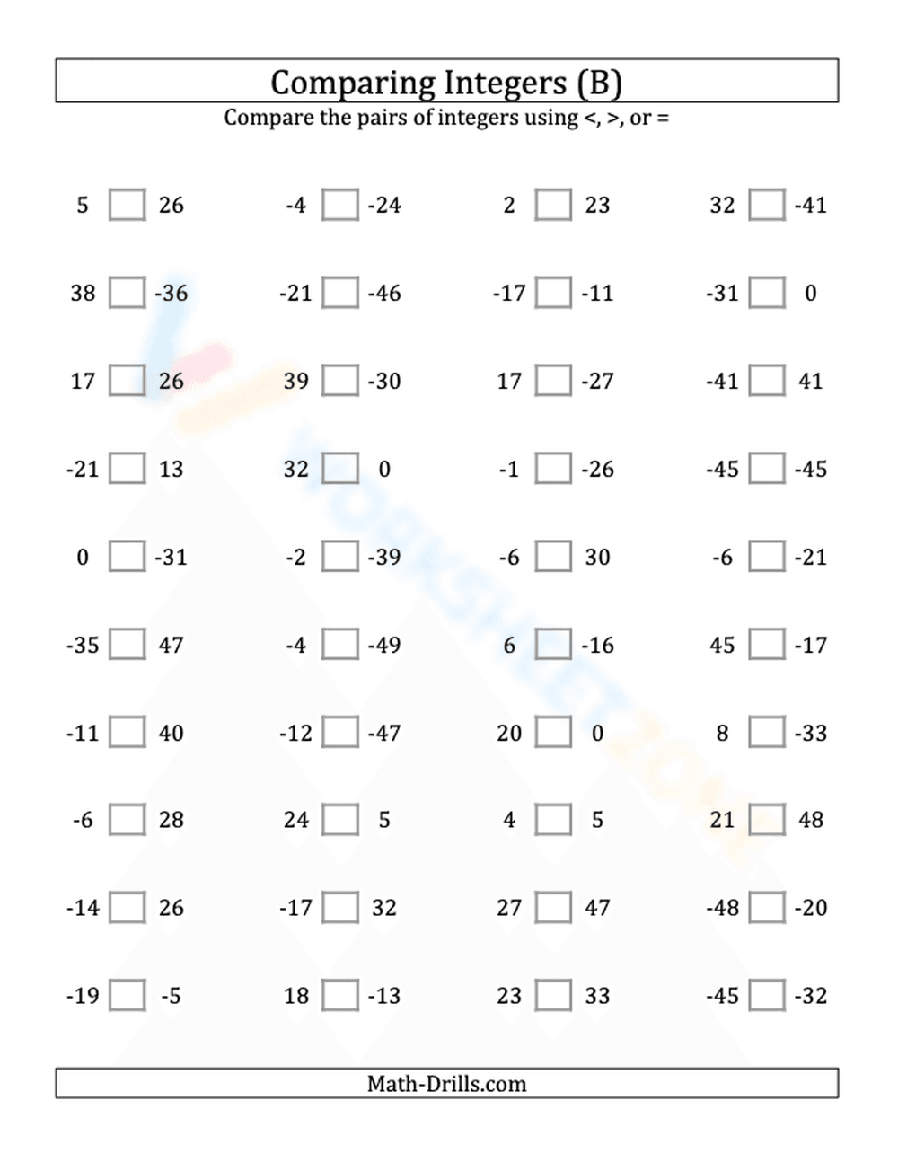 Integers comparing from -50 to 50 (2) - Page 1