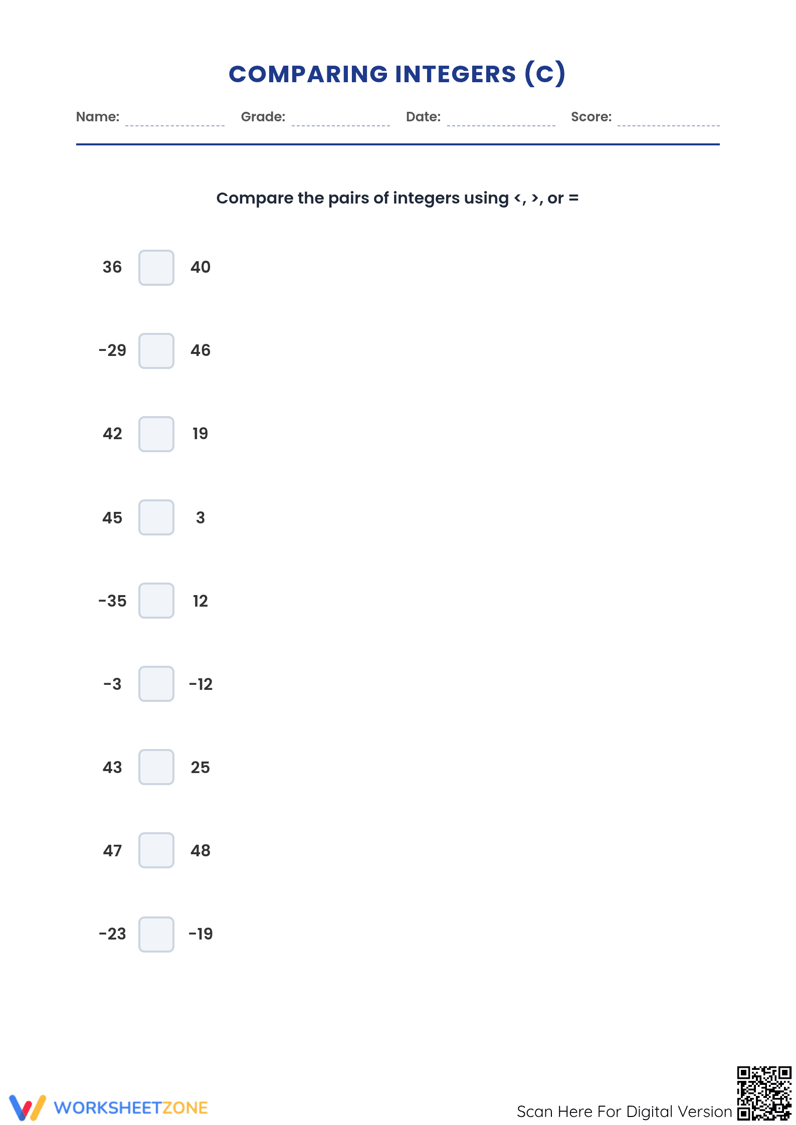 Printable Comparing Integers Worksheet | Grade 5 Math - Page 1