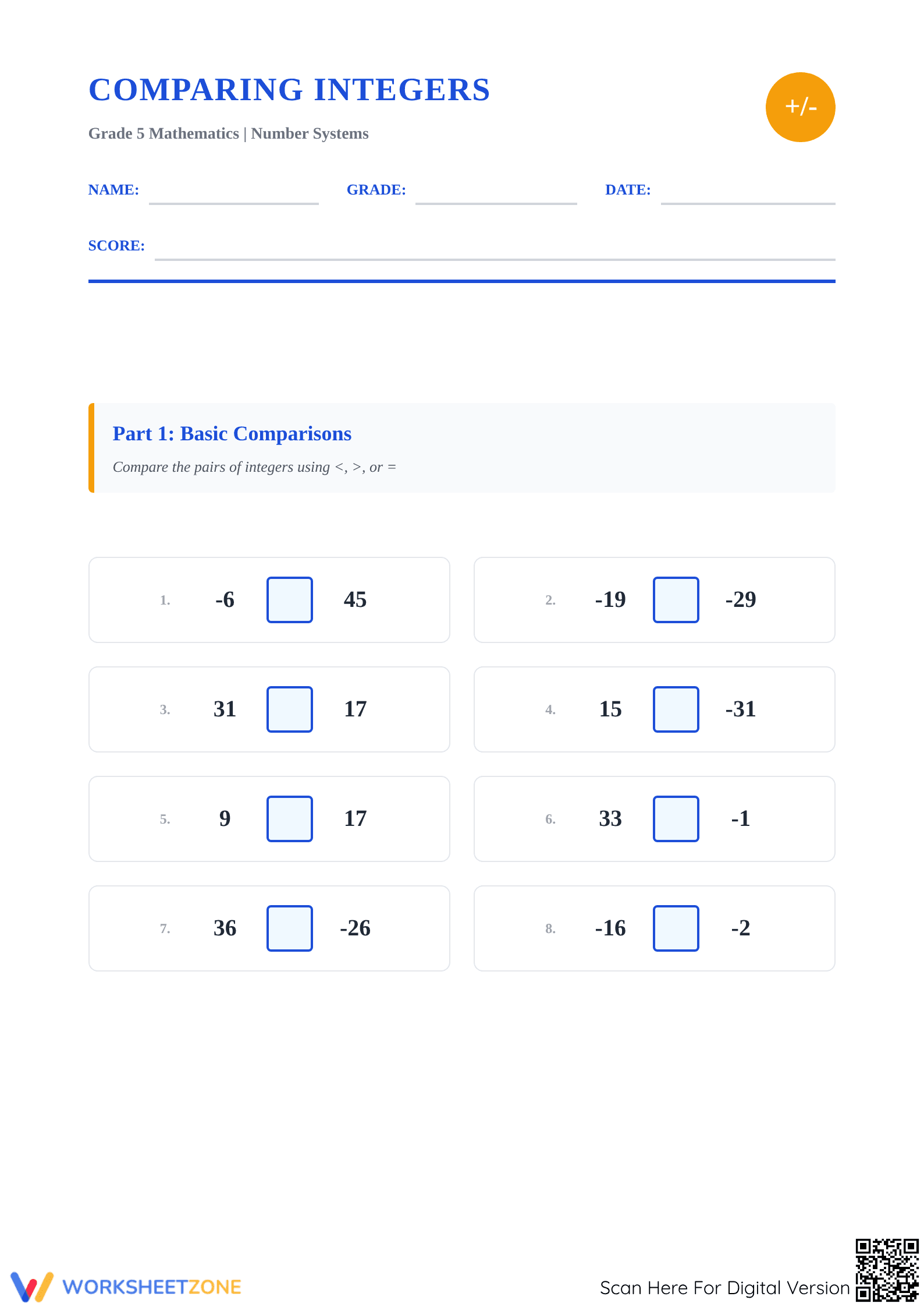 Essential Grade 5 Comparing Integers Worksheet (-50 to 50) - Page 1