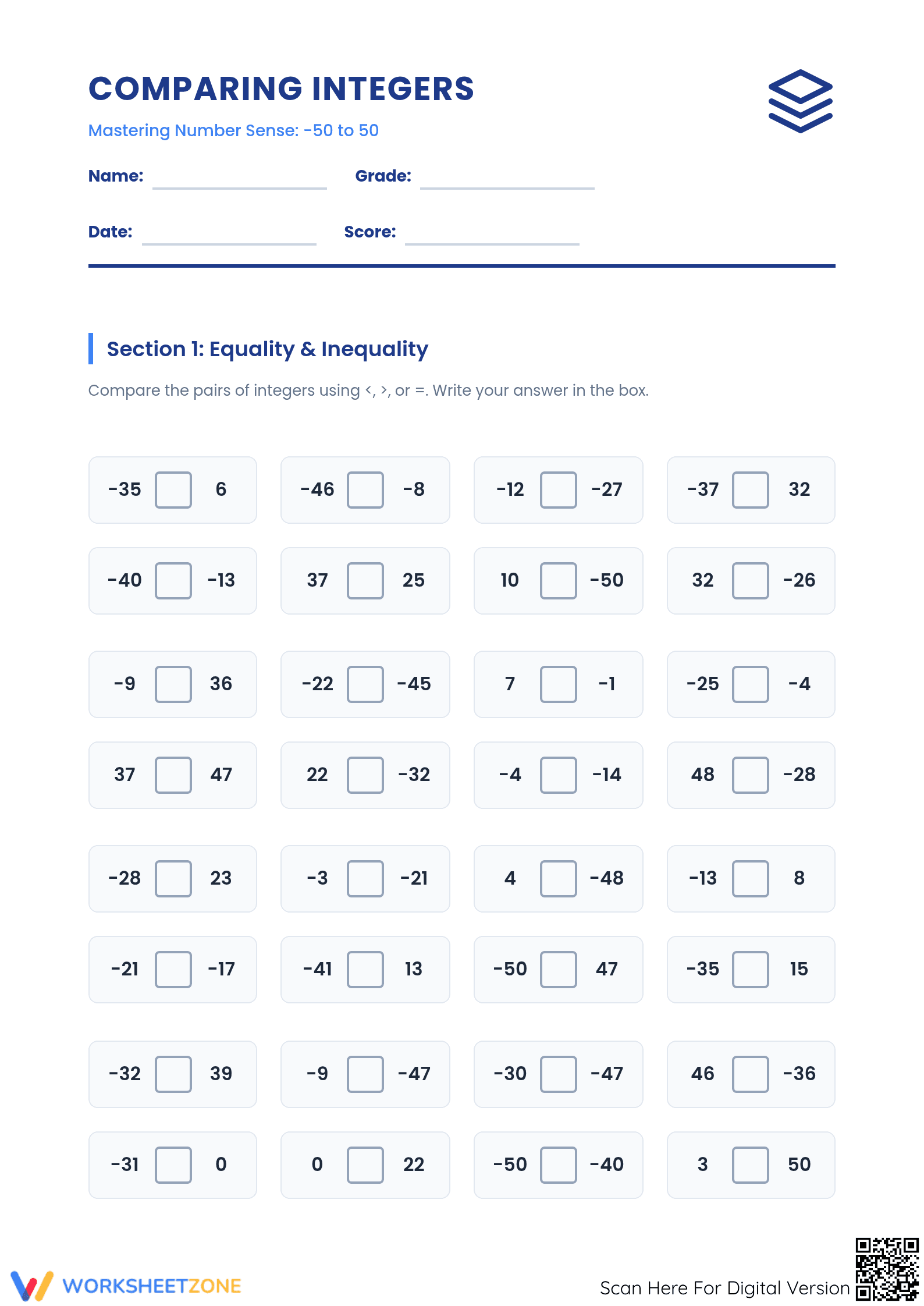 Essential Grade 5 Comparing Integers Worksheet | -50 to 50 - Page 1