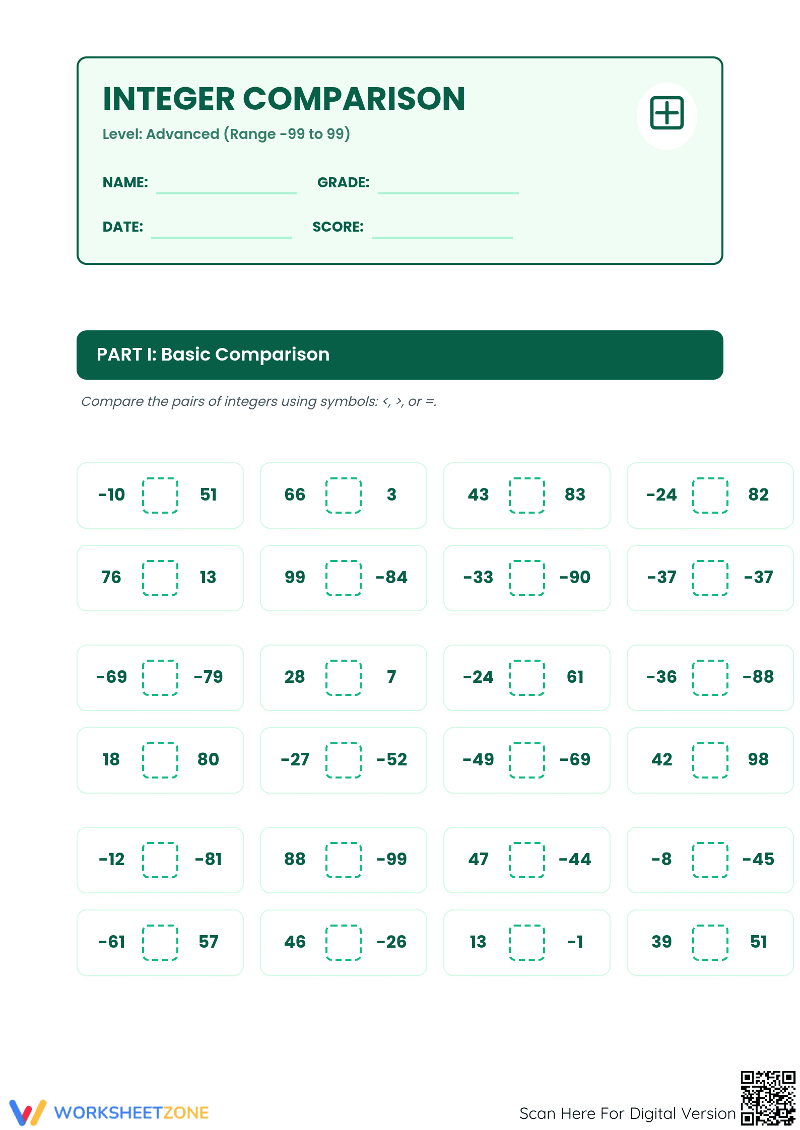 Advanced Integer Comparison Worksheet | Essential Grade 5 Math - Page 1