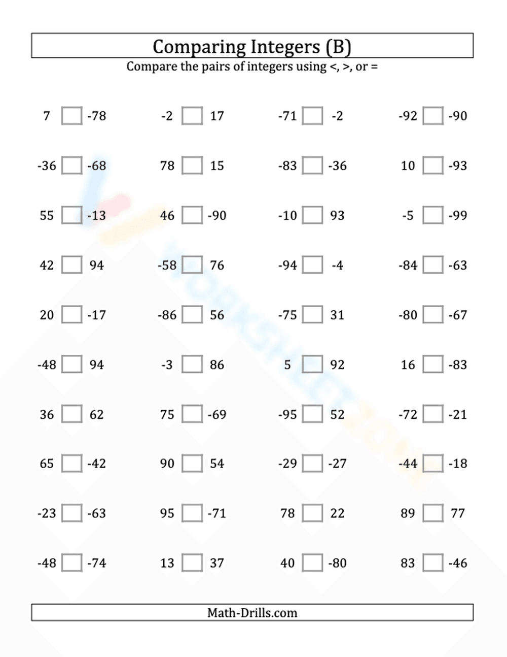 Integers comparing from -99 to 99 (2) - Page 1