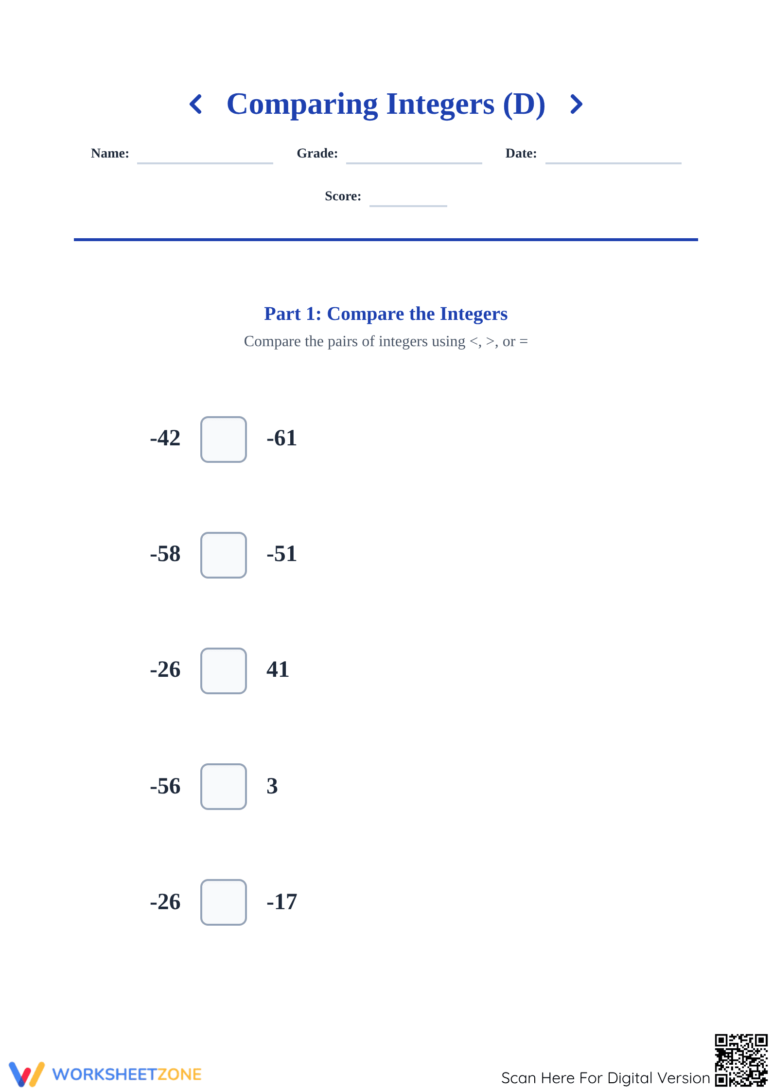 Essential Comparing Integers Worksheet | Grade 5 Math Ready - Page 1