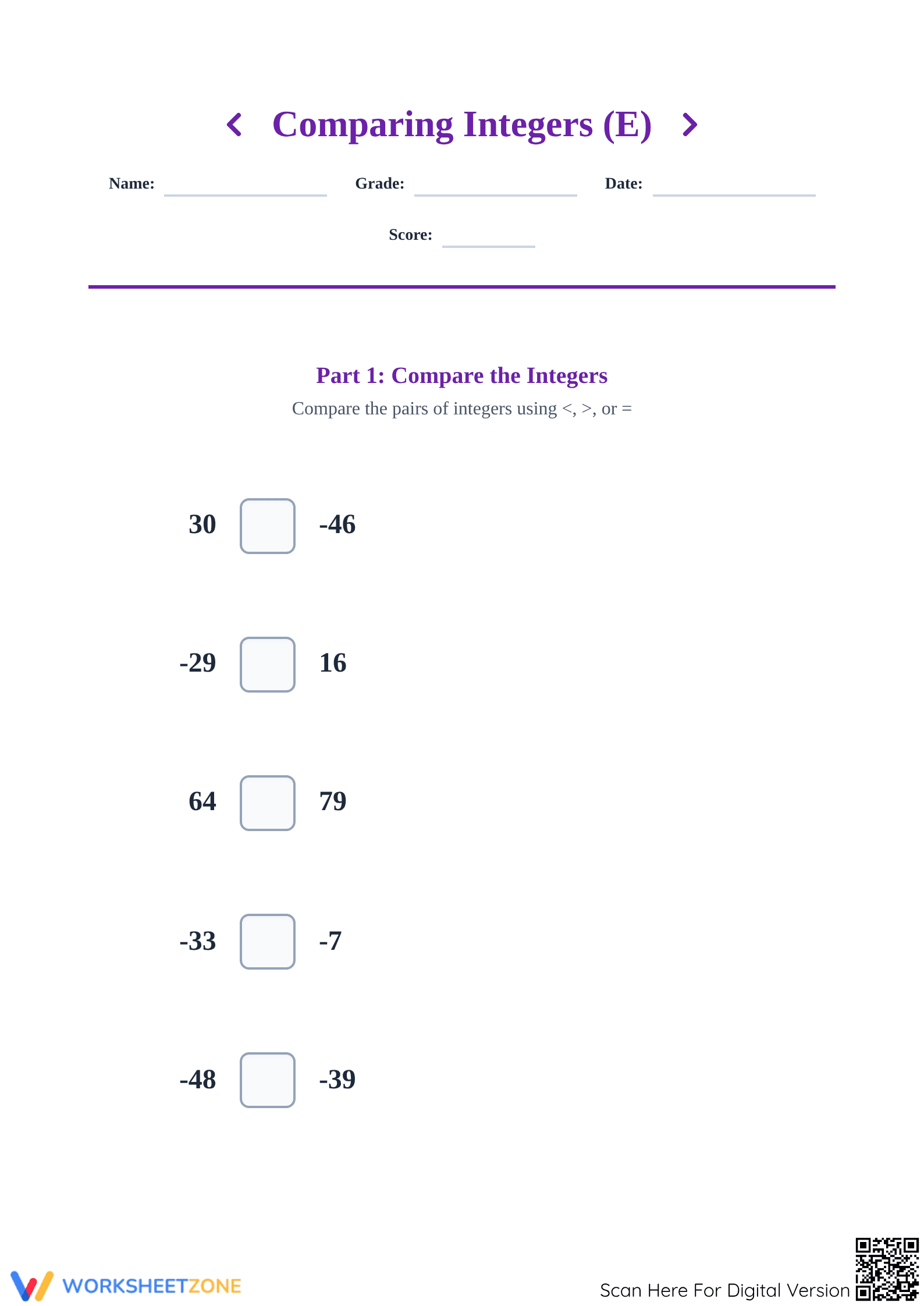 Printable Grade 5 Comparing Integers Worksheet - -99 to 99 - Page 1