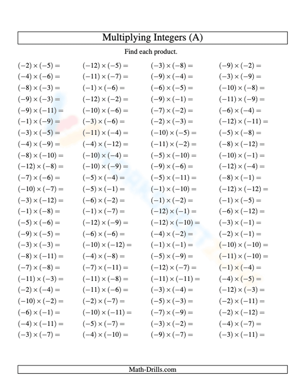 Multiplying Integers - Negative by Negative Practice
- Page 1