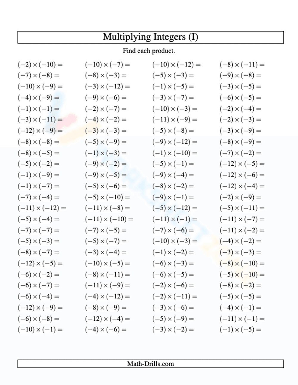 Multiplying Negative Integers Worksheet – Mixed Practice - Page 1