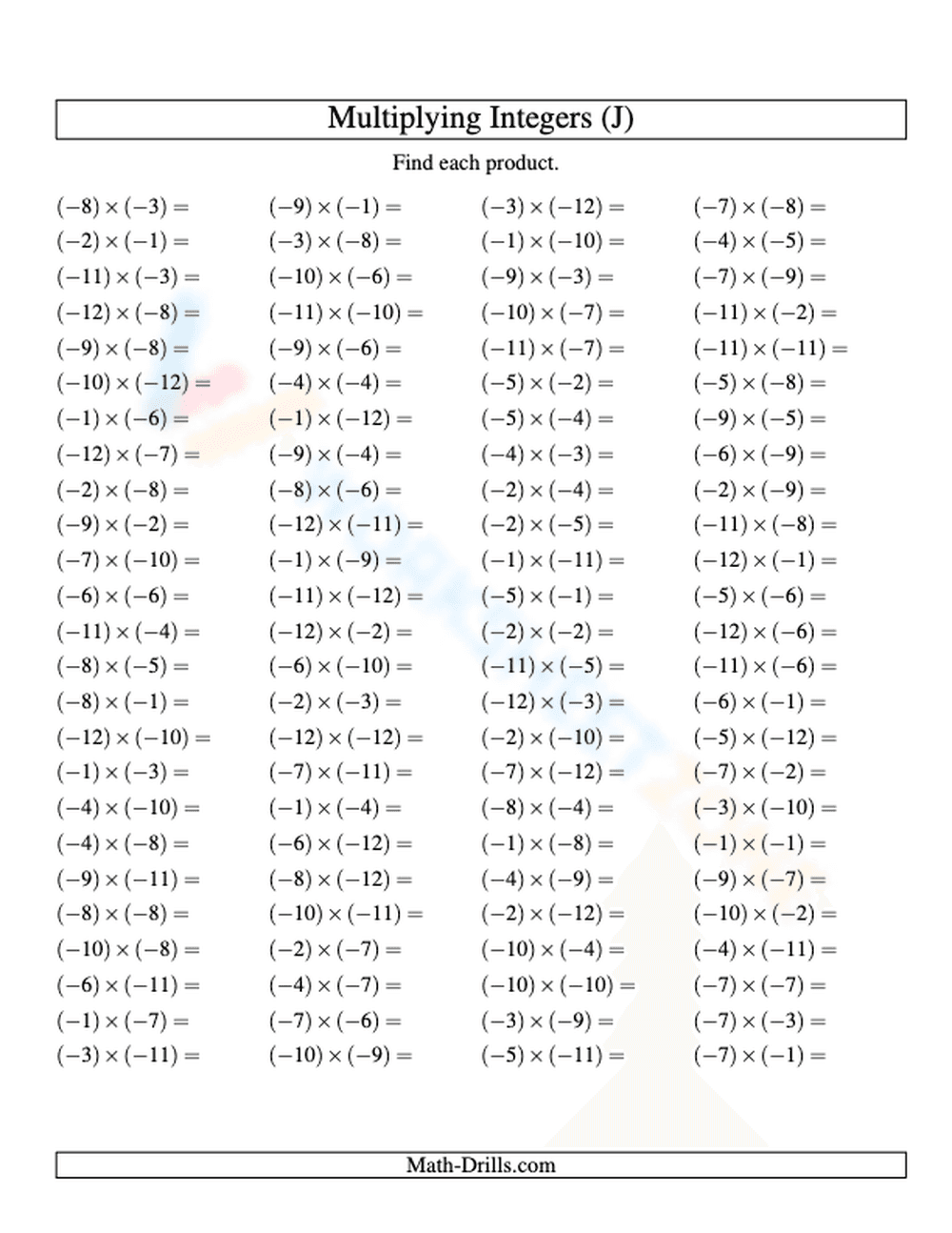 Multiplication of Negative Integers (-12 to -1) - Page 1