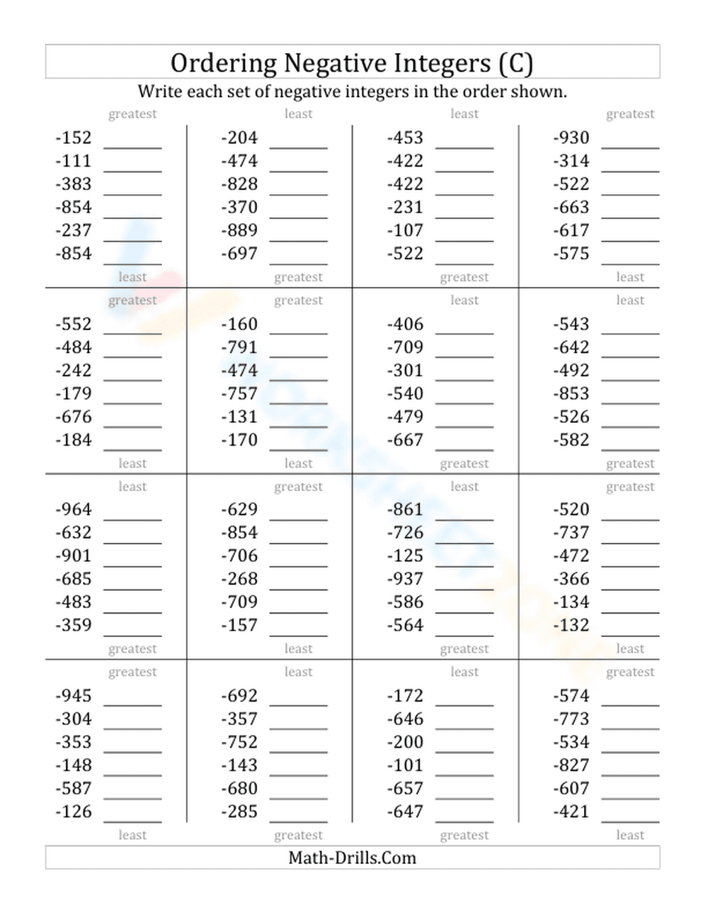 Grade 6 Negative Integers — Printable No-Prep Worksheet - Page 1