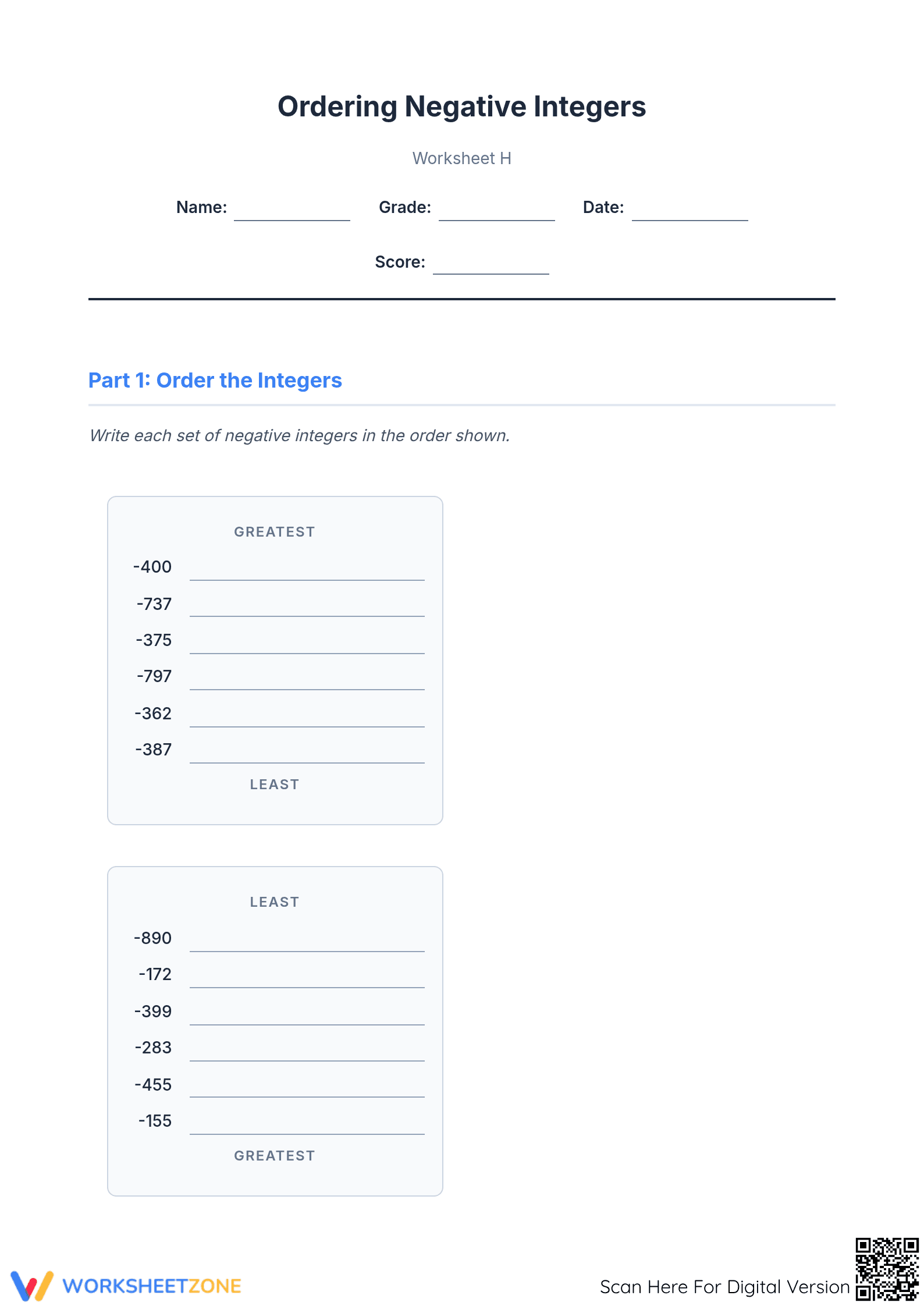 Essential Ordering Negative 3-Digit Integers Worksheet - Page 1