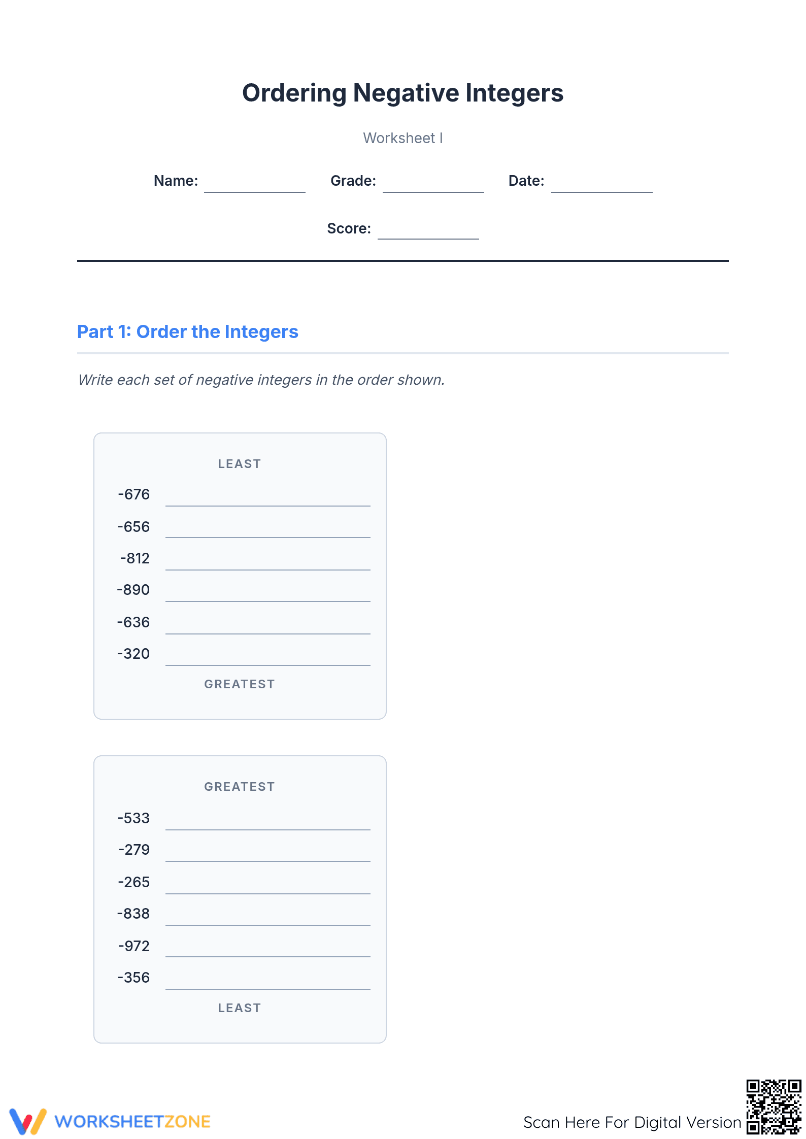 Printable Ordering Negative Integers Worksheet | Grades 6-8 - Page 1