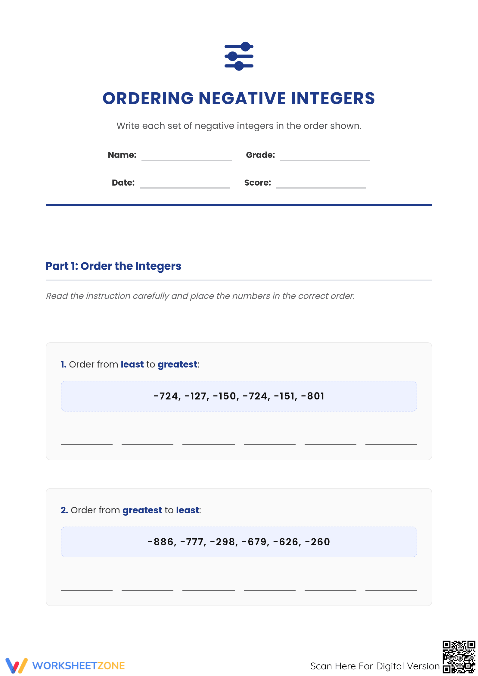 Printable Guide: Ordering Negative Integers - Grade 6 Math - Page 1