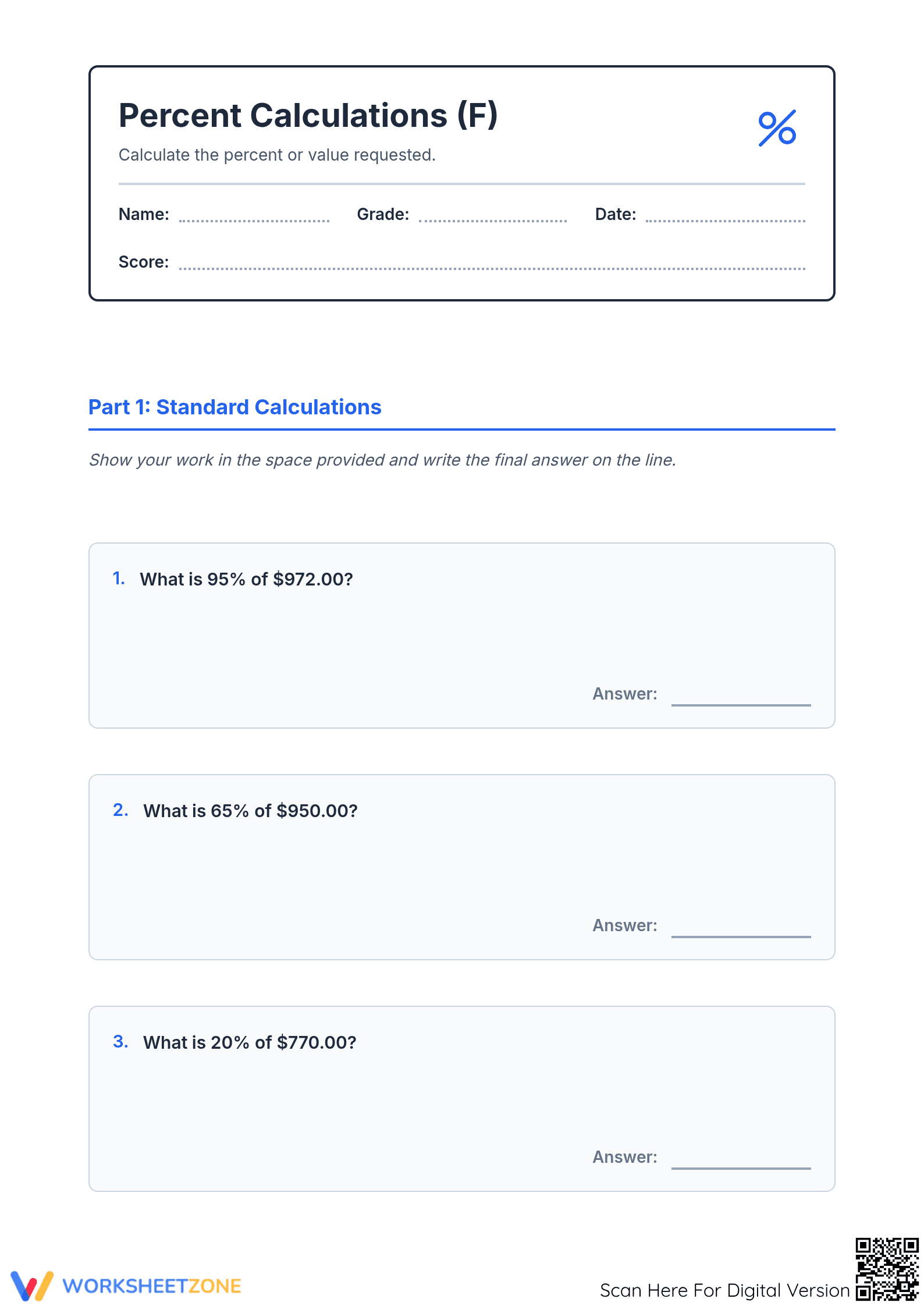 Essential Grade 6 Percent Calculations Printable Worksheet - Page 1