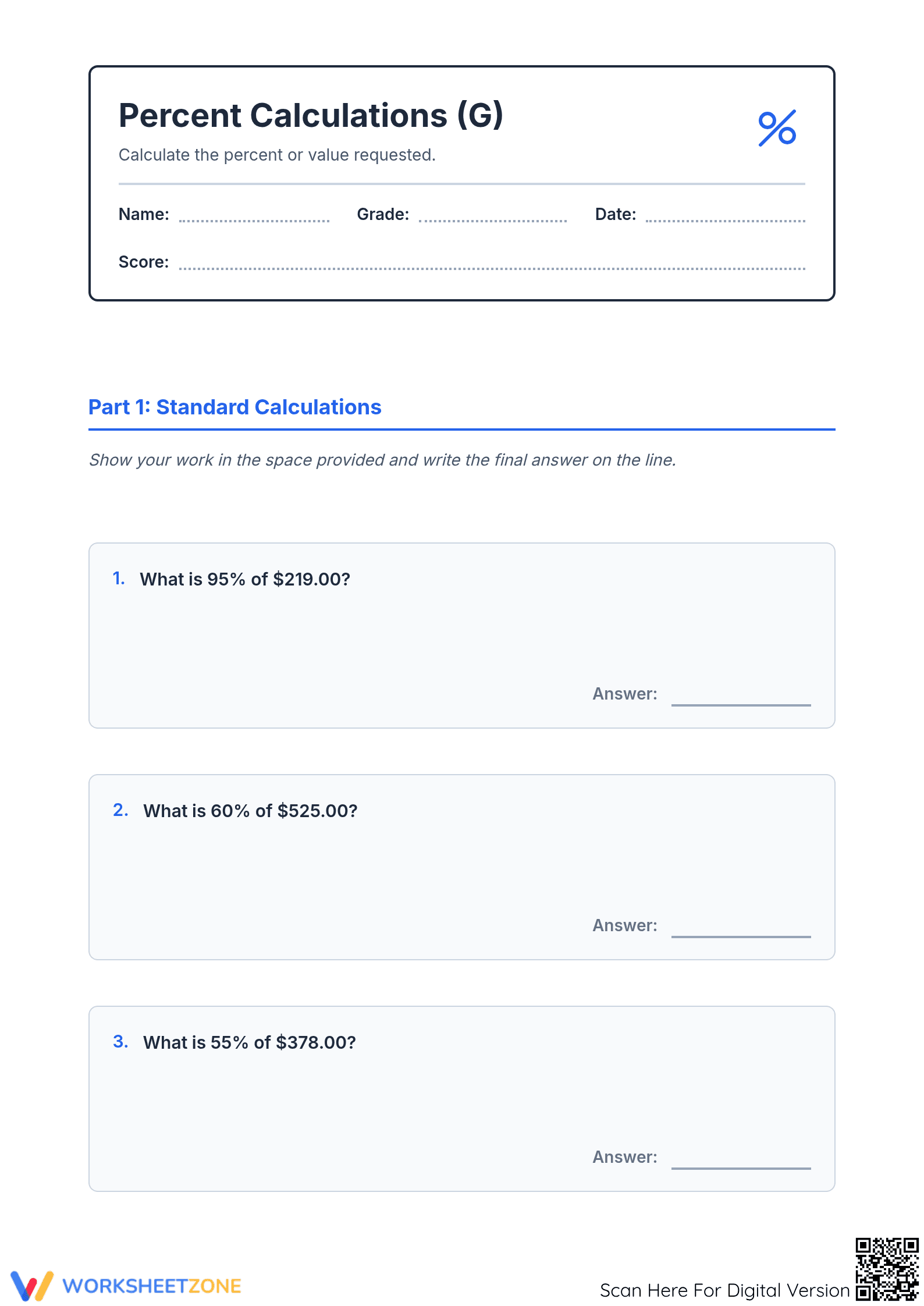 Grade 7 Percent & Currency — Printable No-Prep Worksheet - Page 1
