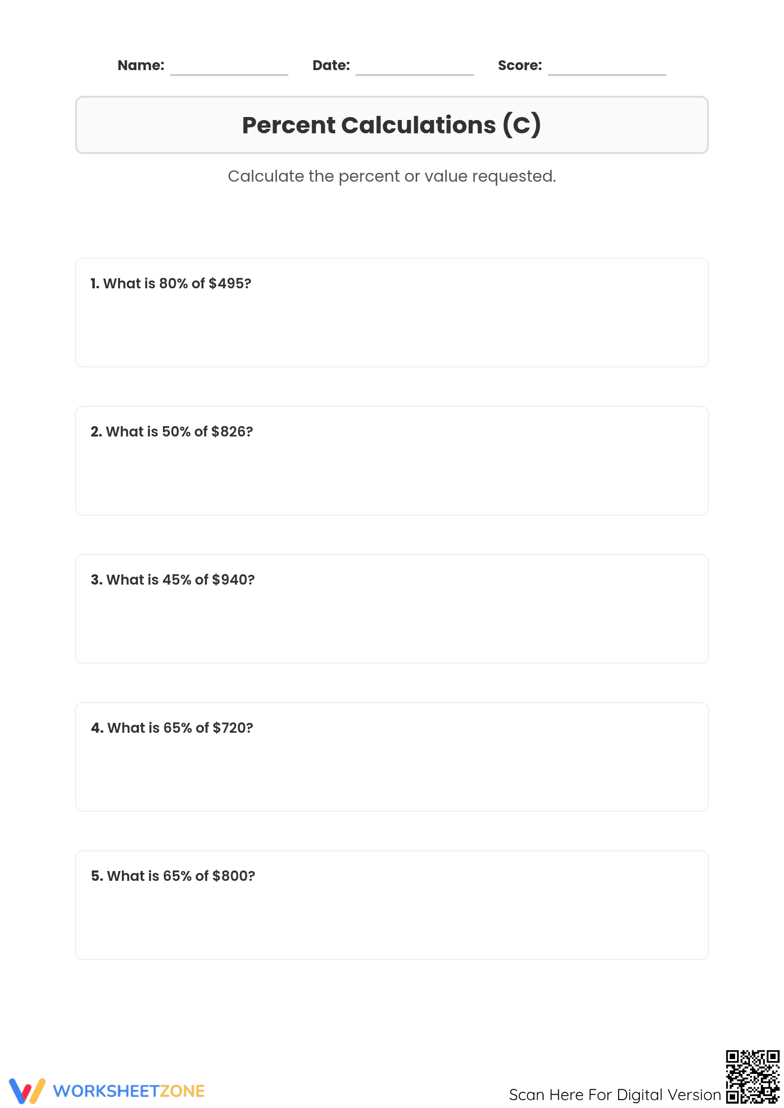 Printable Percentage of Currency Worksheet | Grade 6 Math - Page 1