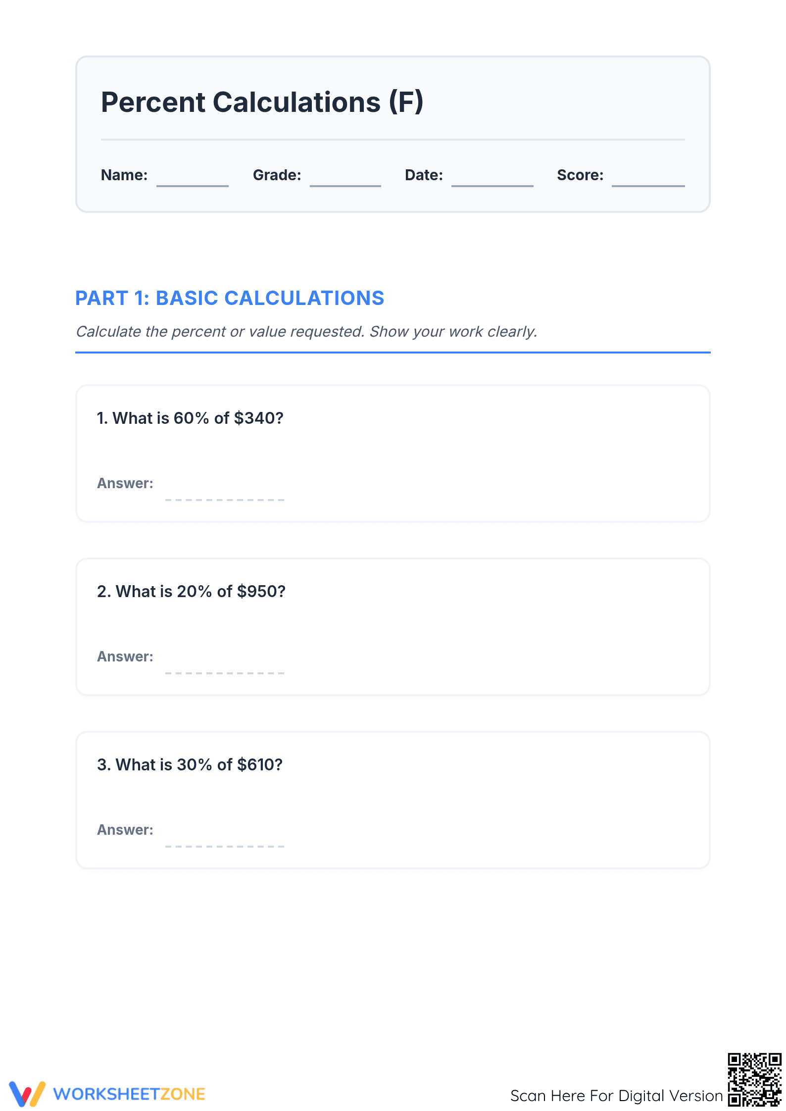 Grade 6 Percent Calculations — Printable No-Prep Worksheet - Page 1