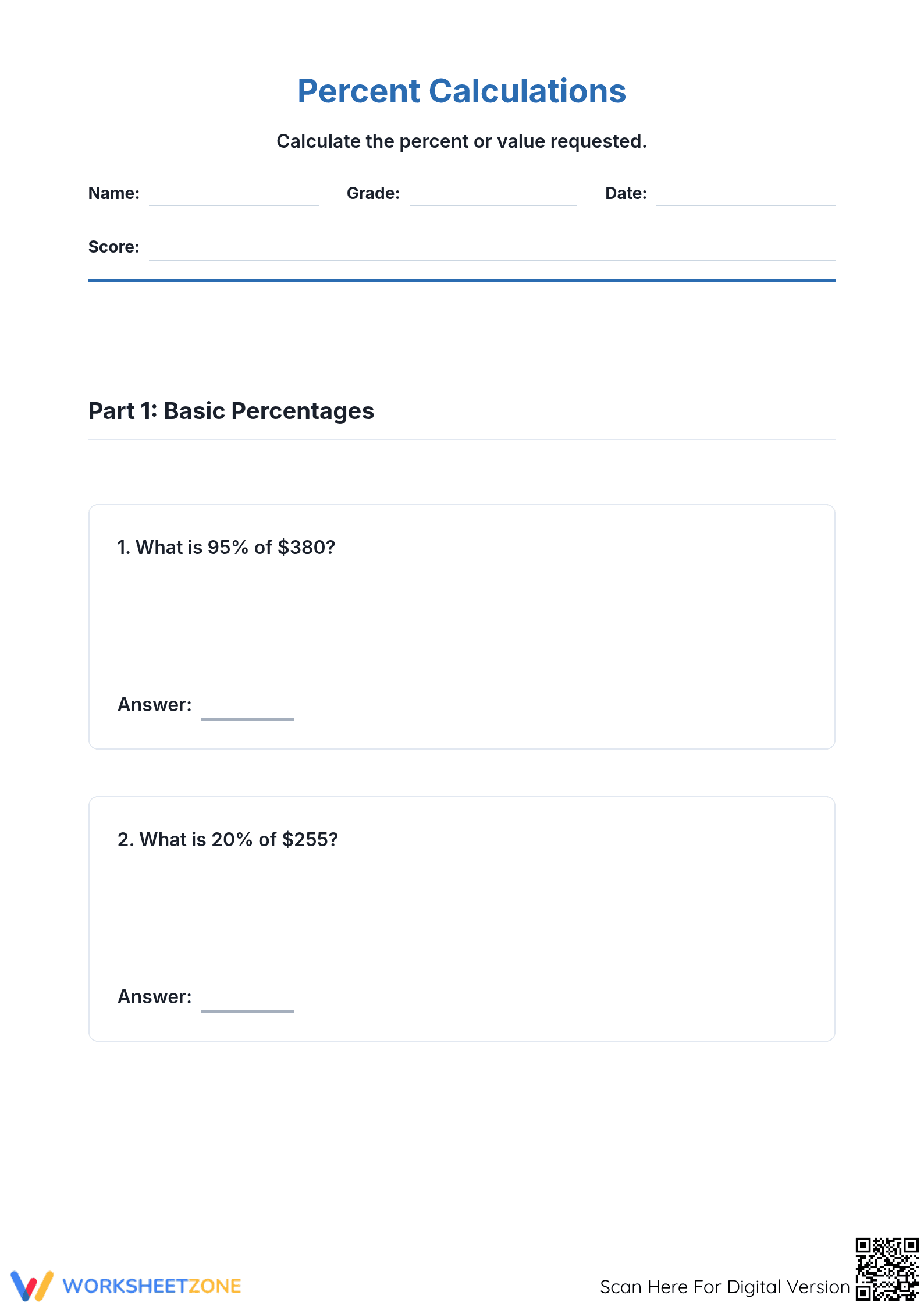 Essential Percentages Worksheet | Grade 7 Math Practice - Page 1