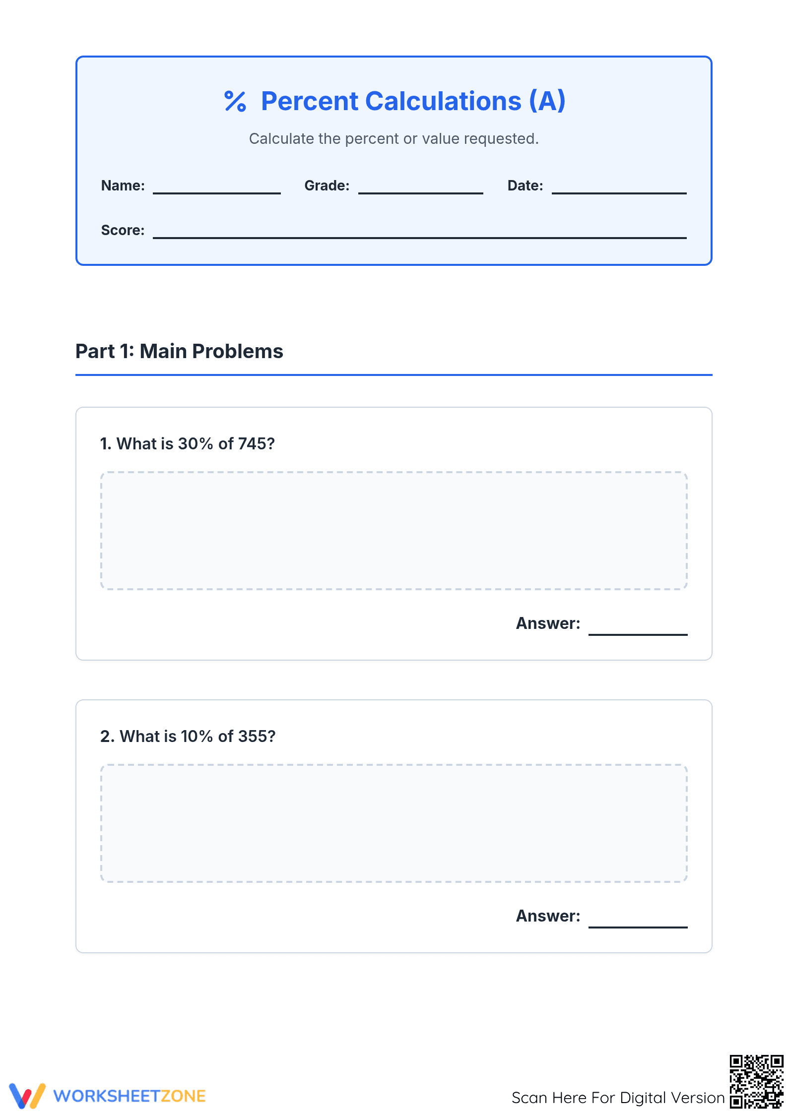 Grade 6 Percent Calculations — Printable No-Prep Worksheet - Page 1