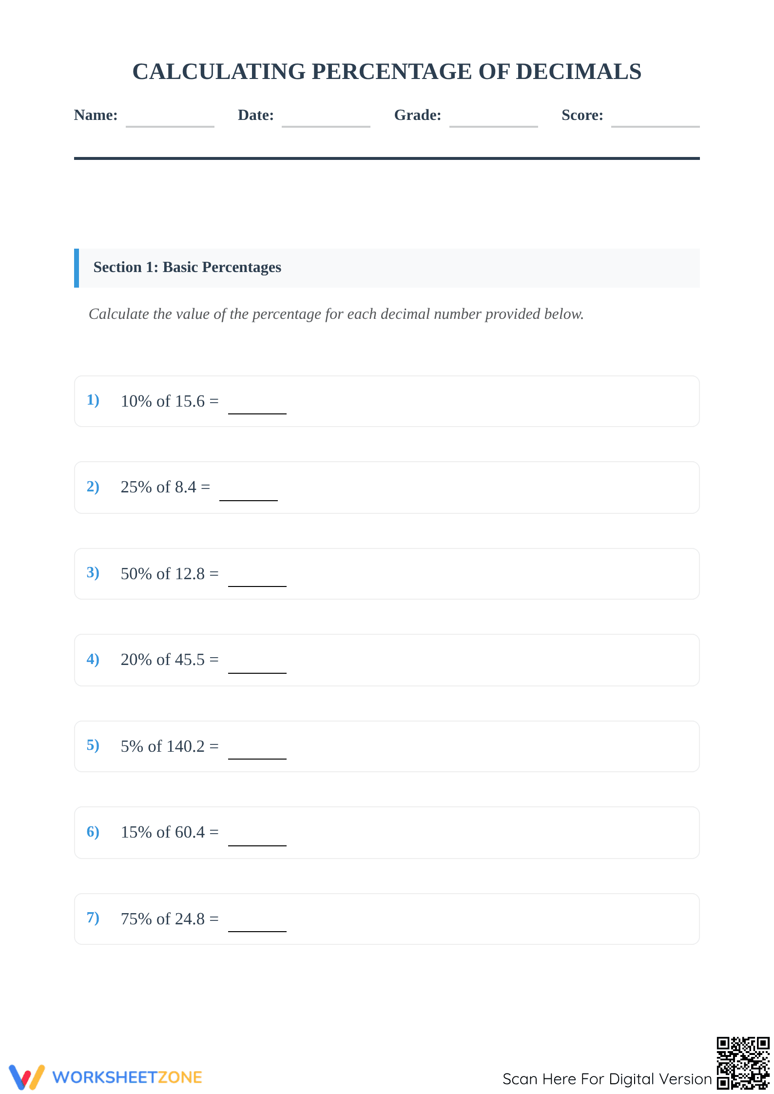 Printable Percentage of Decimals Worksheet | Grade 6-8 - Page 1