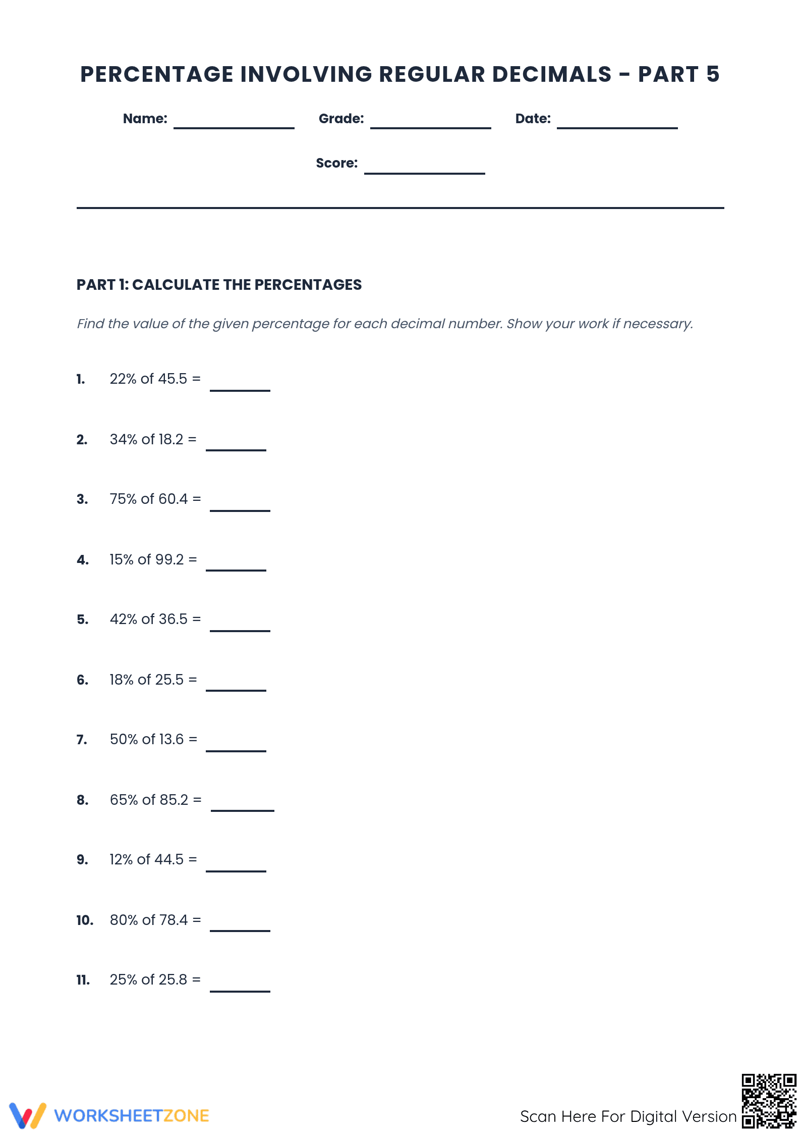 Essential Grade 6 Percentage of Decimals Practice Worksheet - Page 1